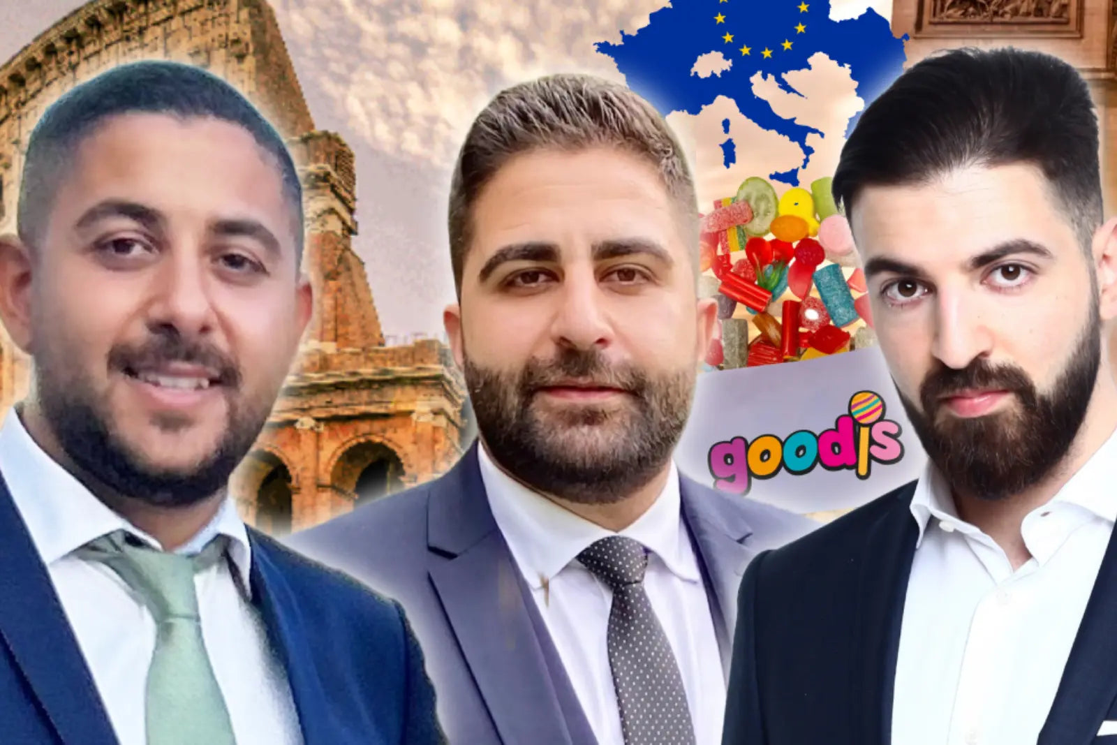 Three men in suits posing in front of a montage background with Colosseum, candy, a European map and Arc de Triomphe.