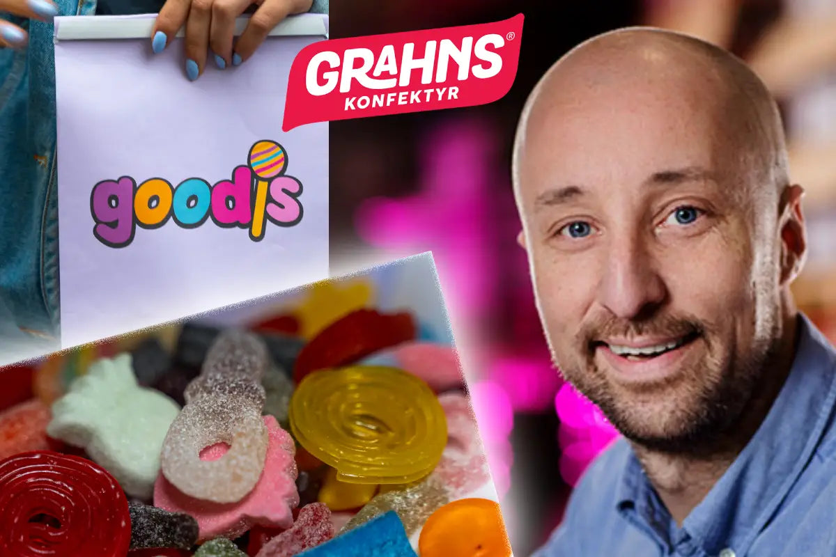 A montage of Swedish candy, a man looking into the camera and the logo of Grahns and Goodis.