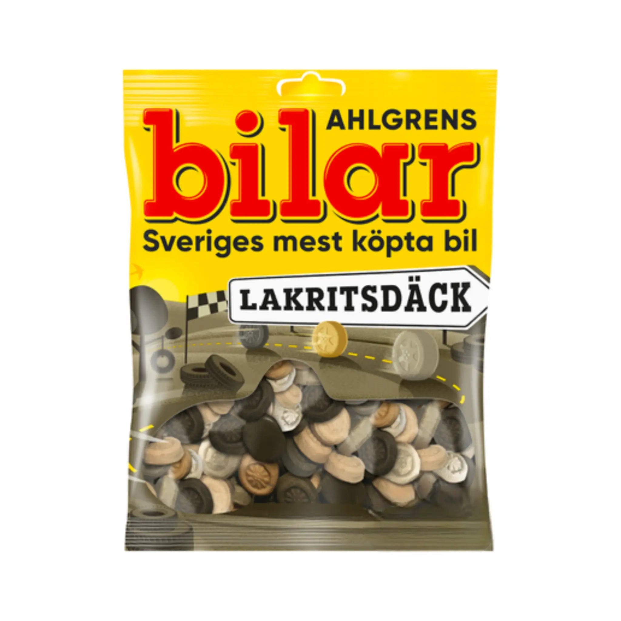 A bag of Ahlgrens Bilar wrapped in mainly yellow around candy pieces in black, brown and grey.
