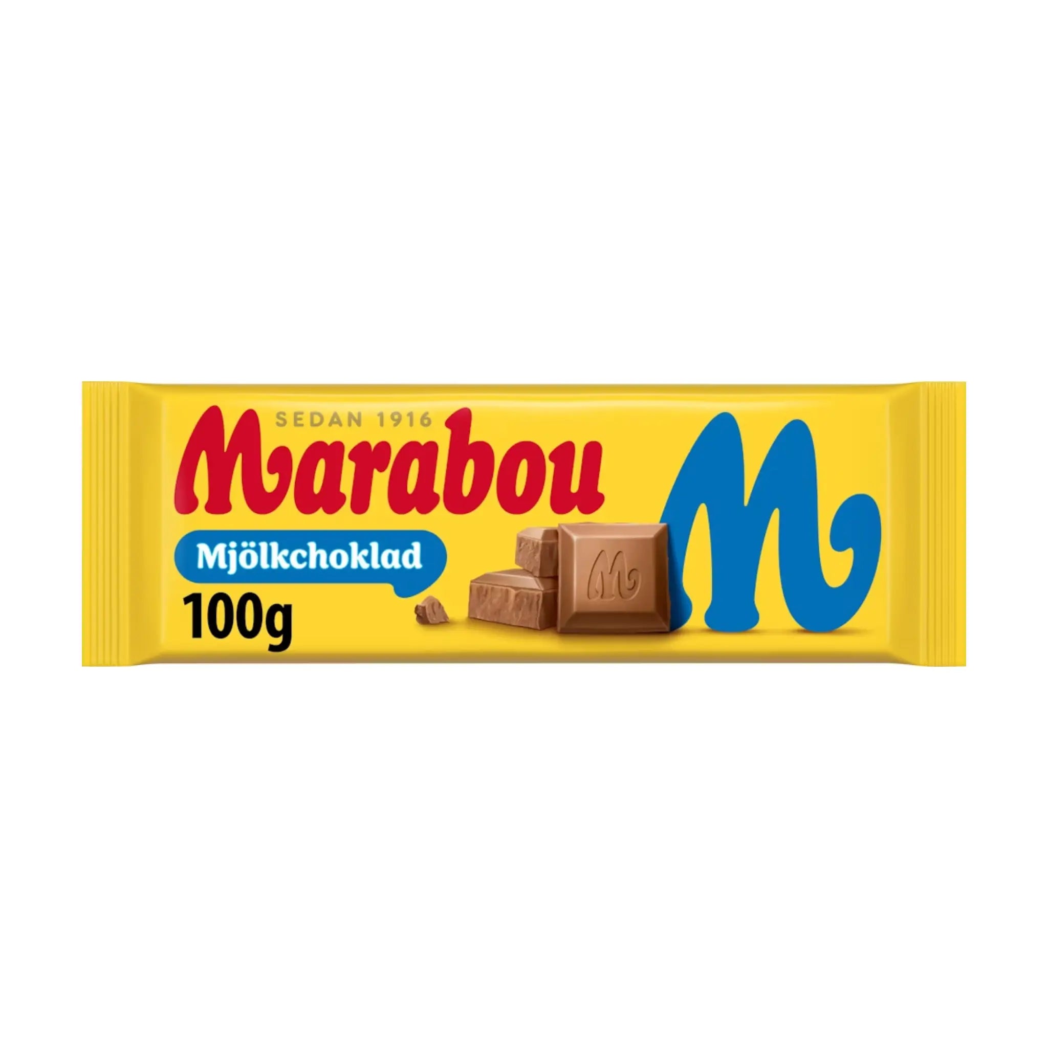 Marabou chocolate wrapped in yellow with blue, white, red and brown details.