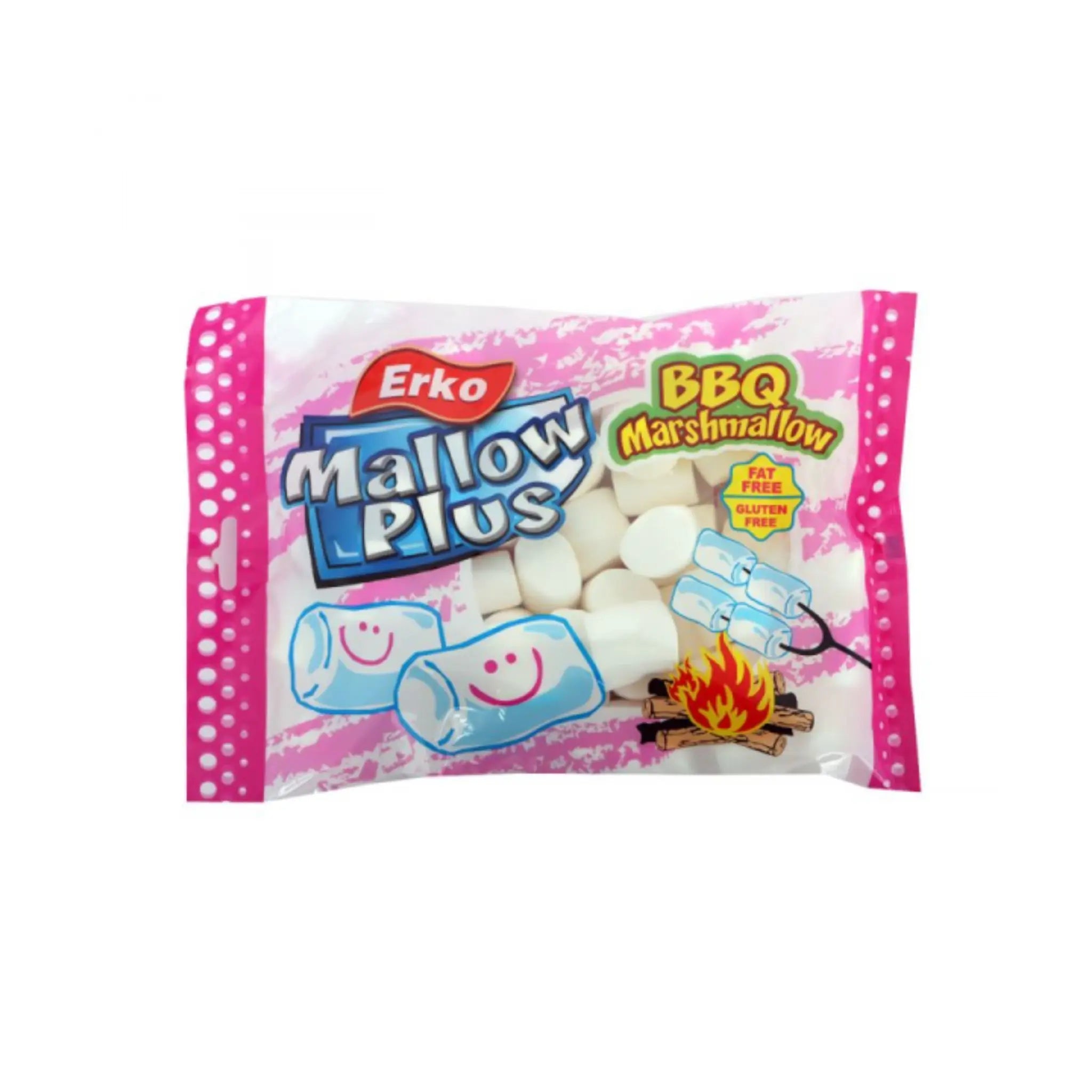 A bag of marshmallows, mainly pink and white with "Erko Mallow Plus" written in the front.