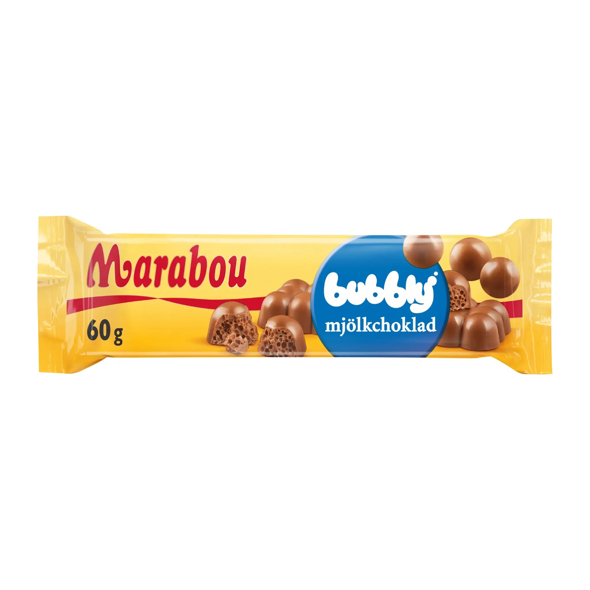 Marabou Bubble Milke Chocolate wrapped in yellow, with blue, white, brown and red details.