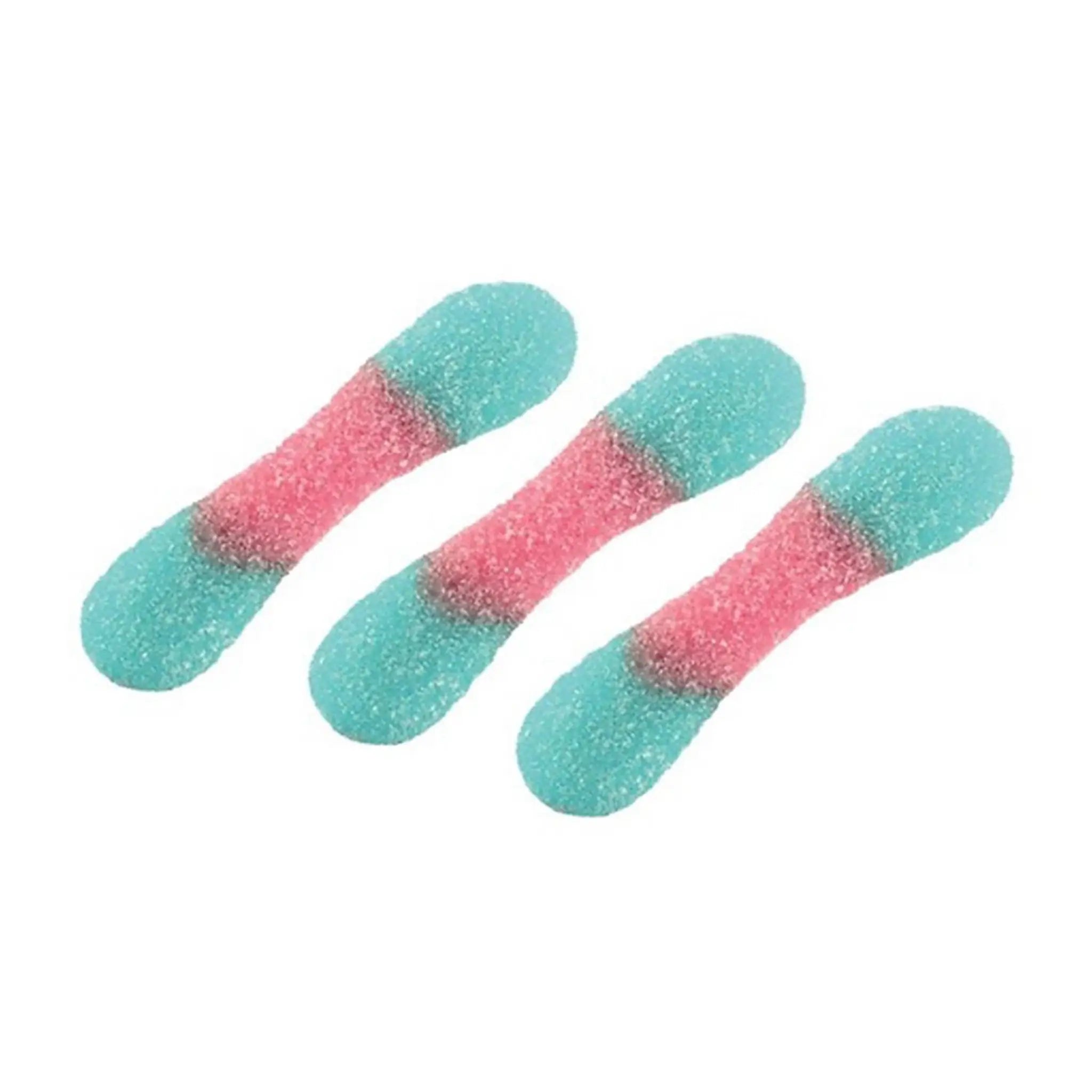 Three pieces of Swedish candy, shaped like tongues, coated in sugar, in baby blue and pink.