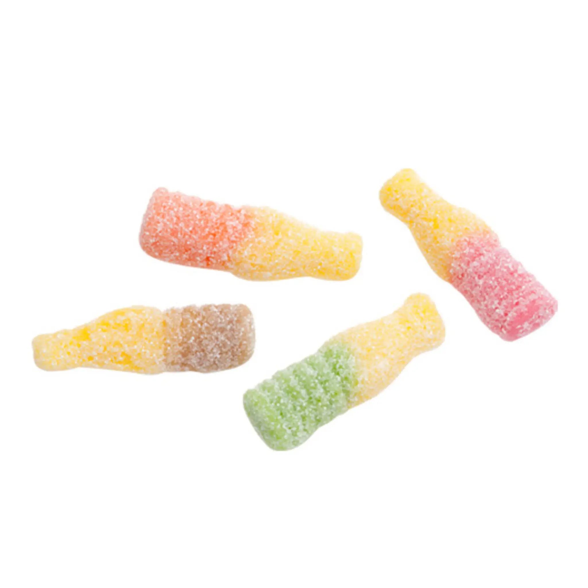 Four pieces of Swedish candy in the shape of bottles, coated in sugar, in yellow and red, yellow and orange, yellow and brown, and yellow and green.