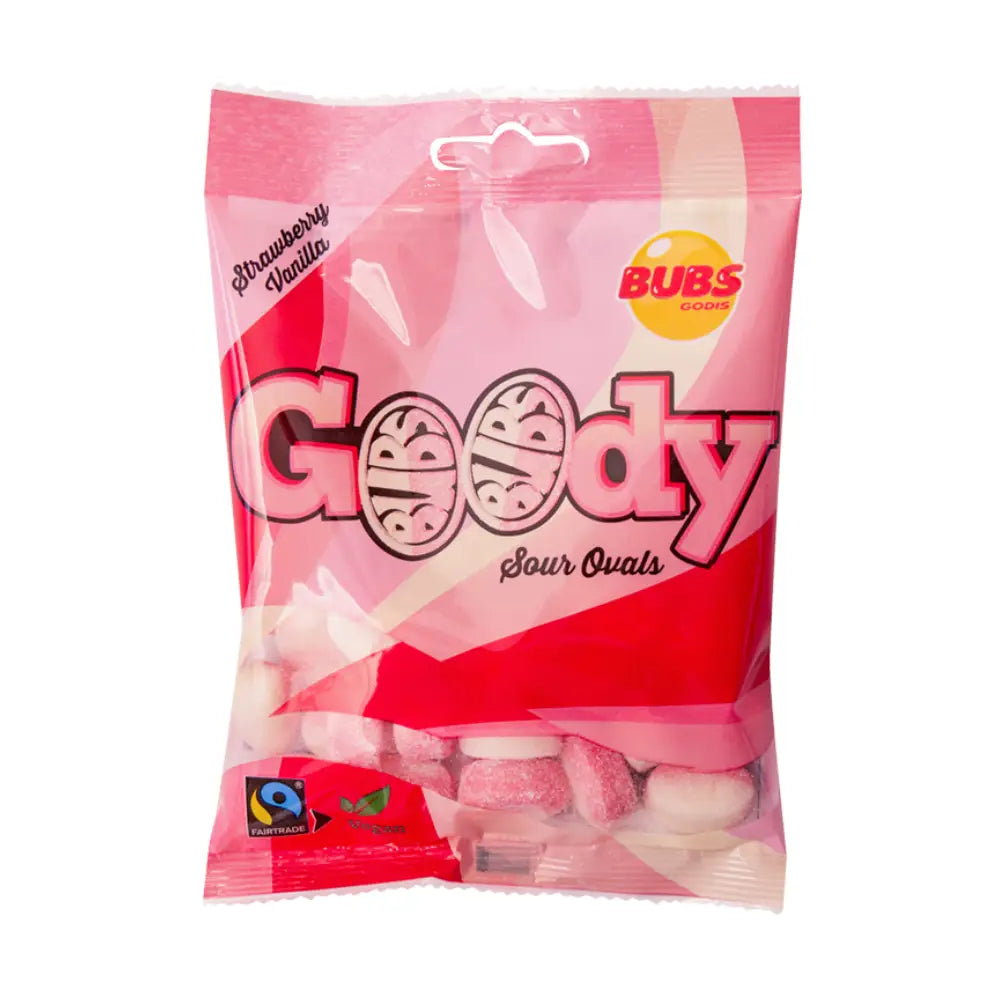 A purple, red and white bag filled with Swedish candy from the brand Bubs.