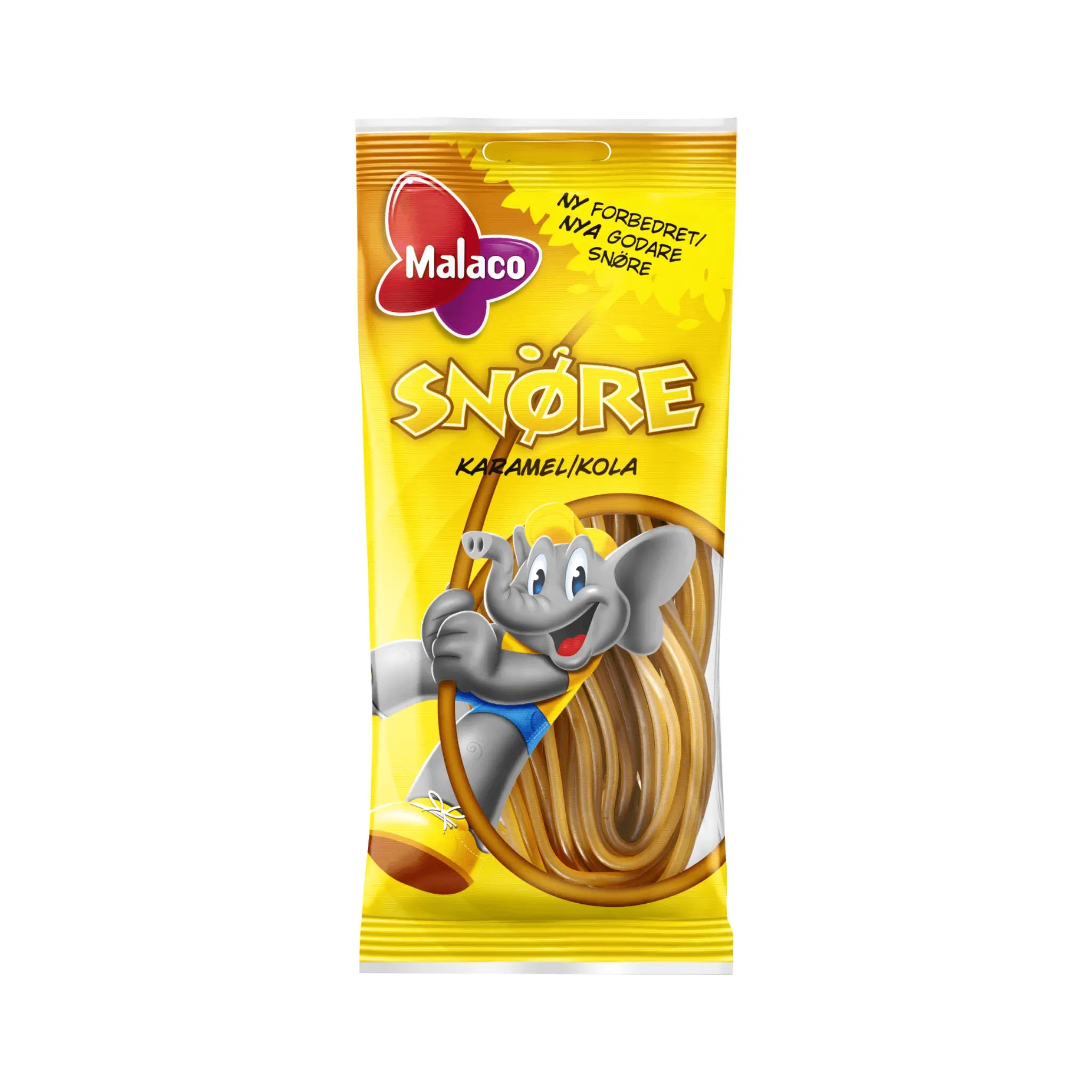 Caramel candy laces from Malaco, wrapped in yellow with a cartooned elephant in the front.
