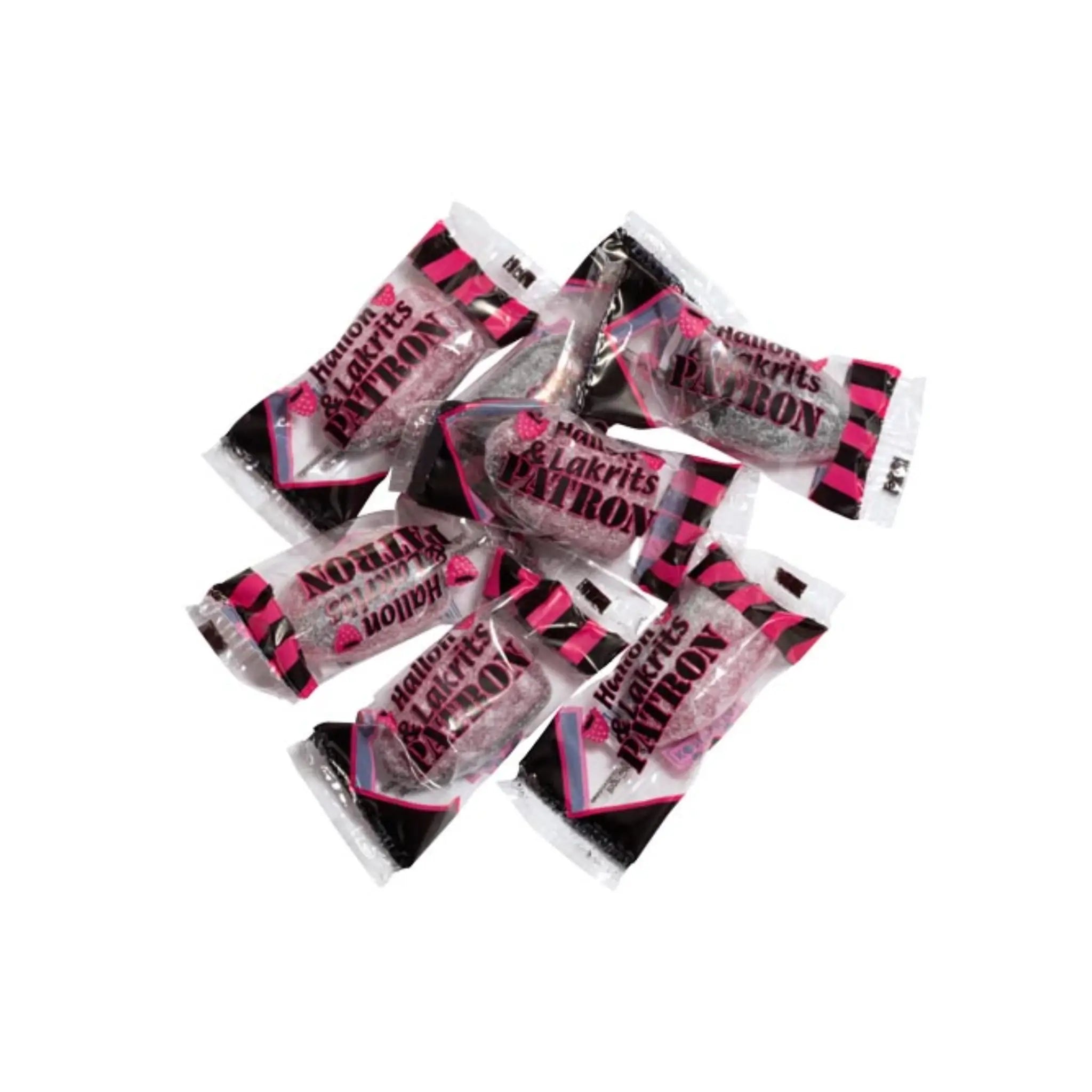 Six pieces of candy shaped like cartridges, wrapped and in pink and black.