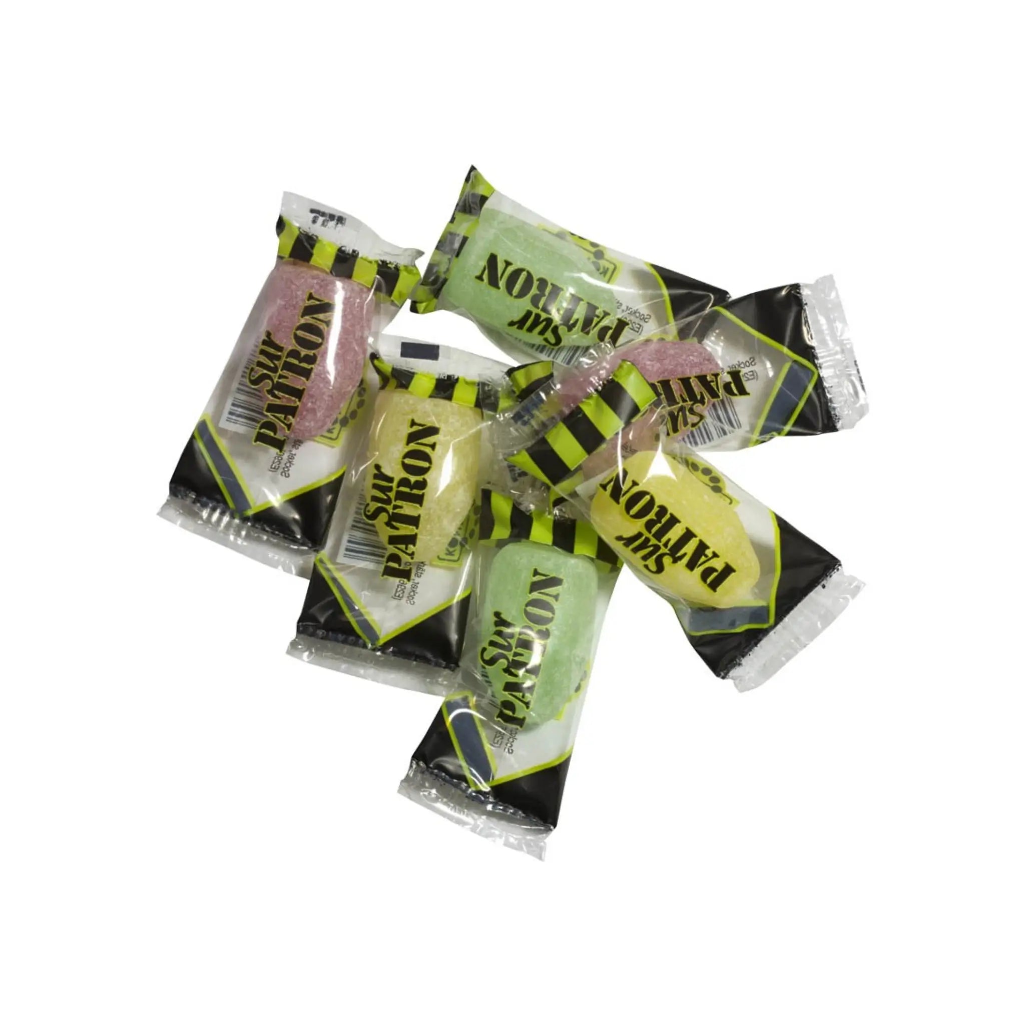 Six pieces of Swedish candy in the shape of cartridges, wrapped and in green, yellow and red.