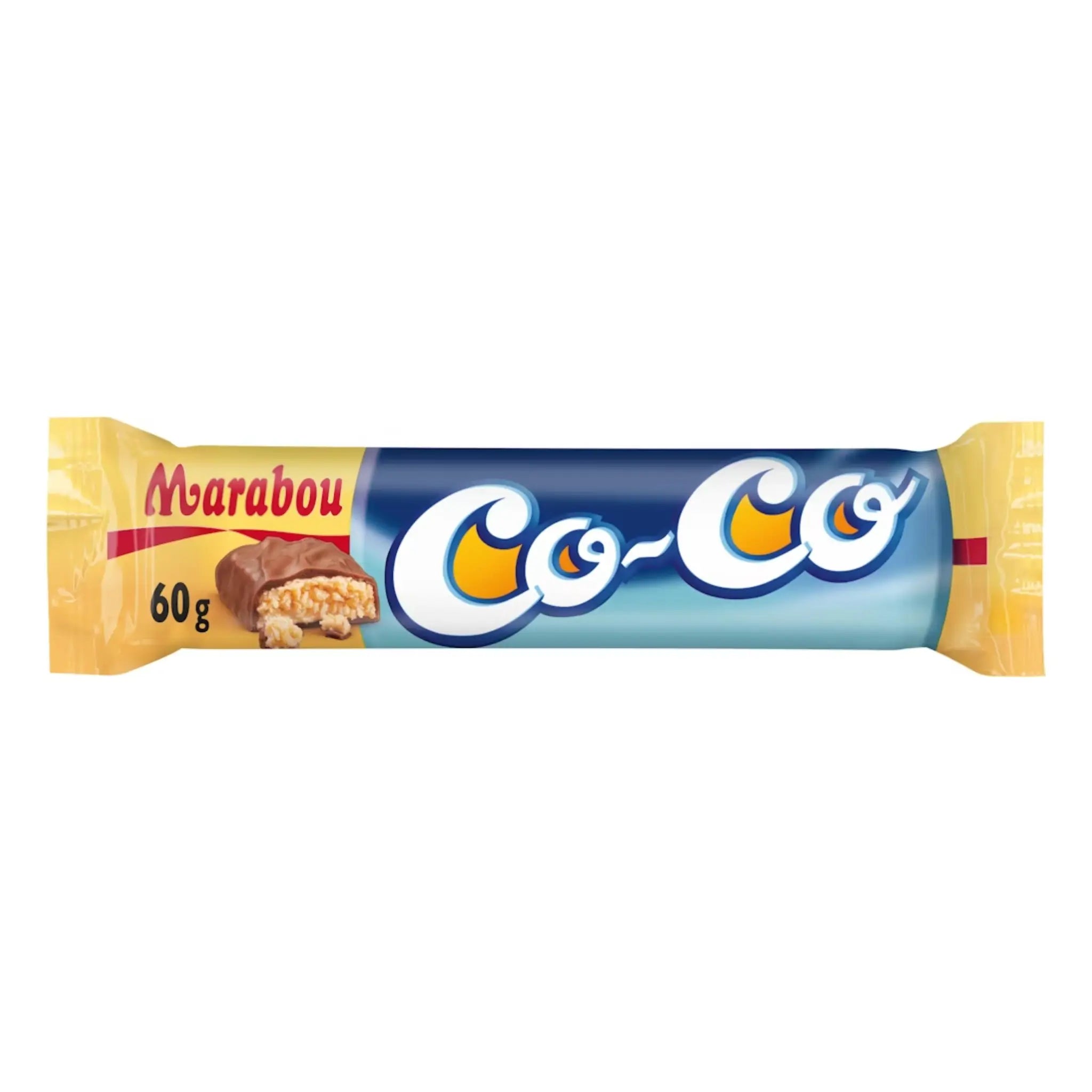 Marabou Co-Co chocolate wrapped in blue and yellow with white, brown and red details.