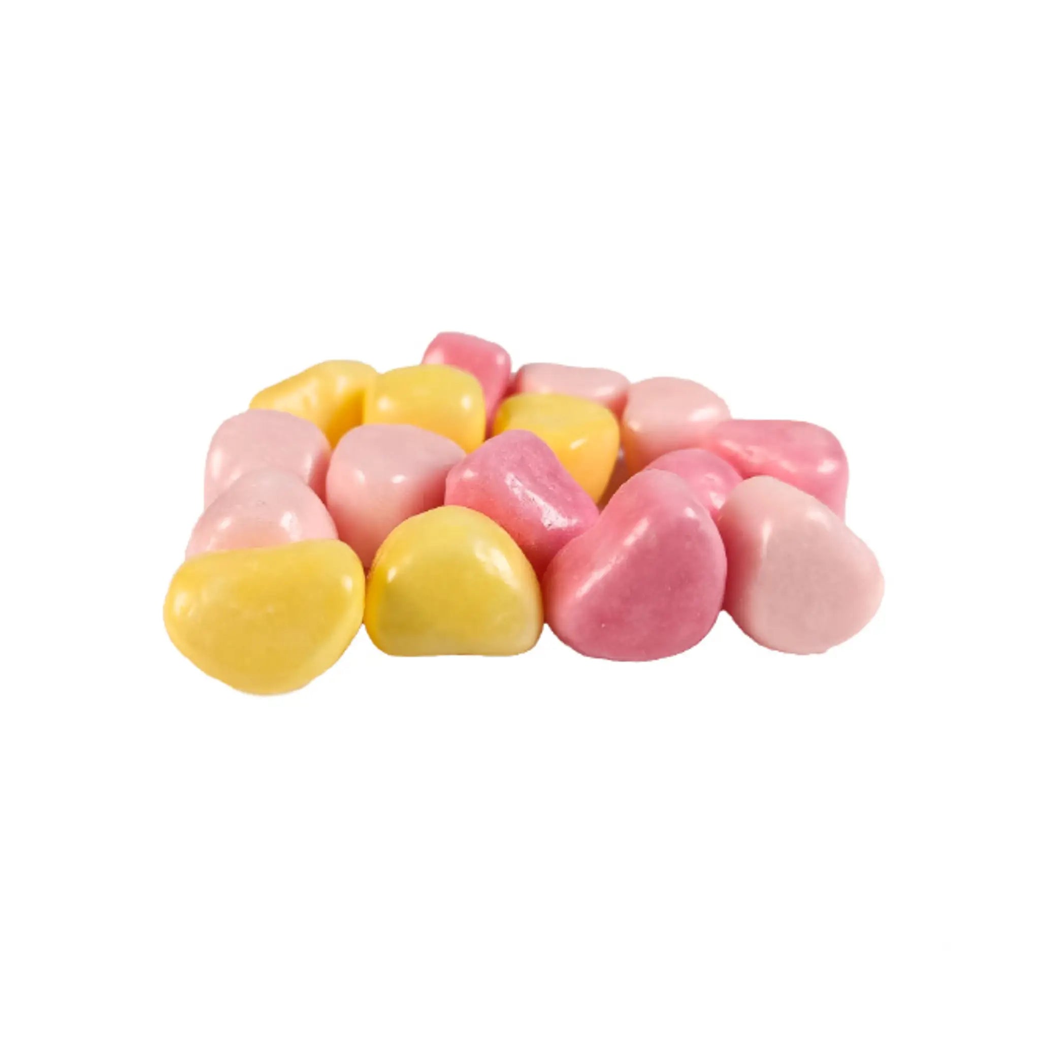 Sixteen pieces of candy in the shape of hearts, in yellow and different nuances of pink.