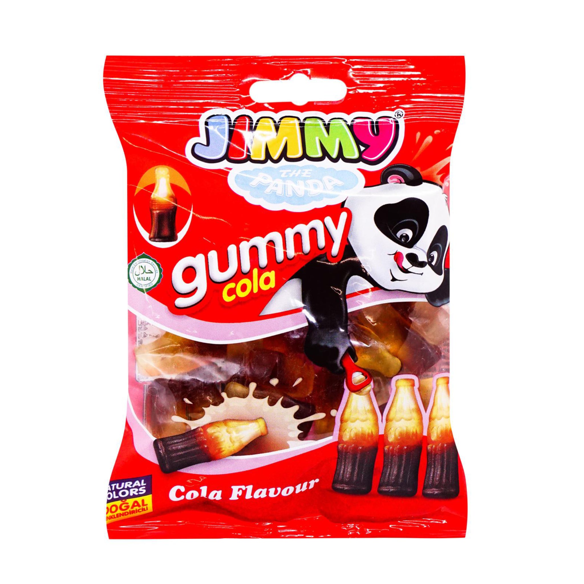 Candy in the shape of cola bottles in black and white, wrapped in mainly red with a cartooned panda on the front.