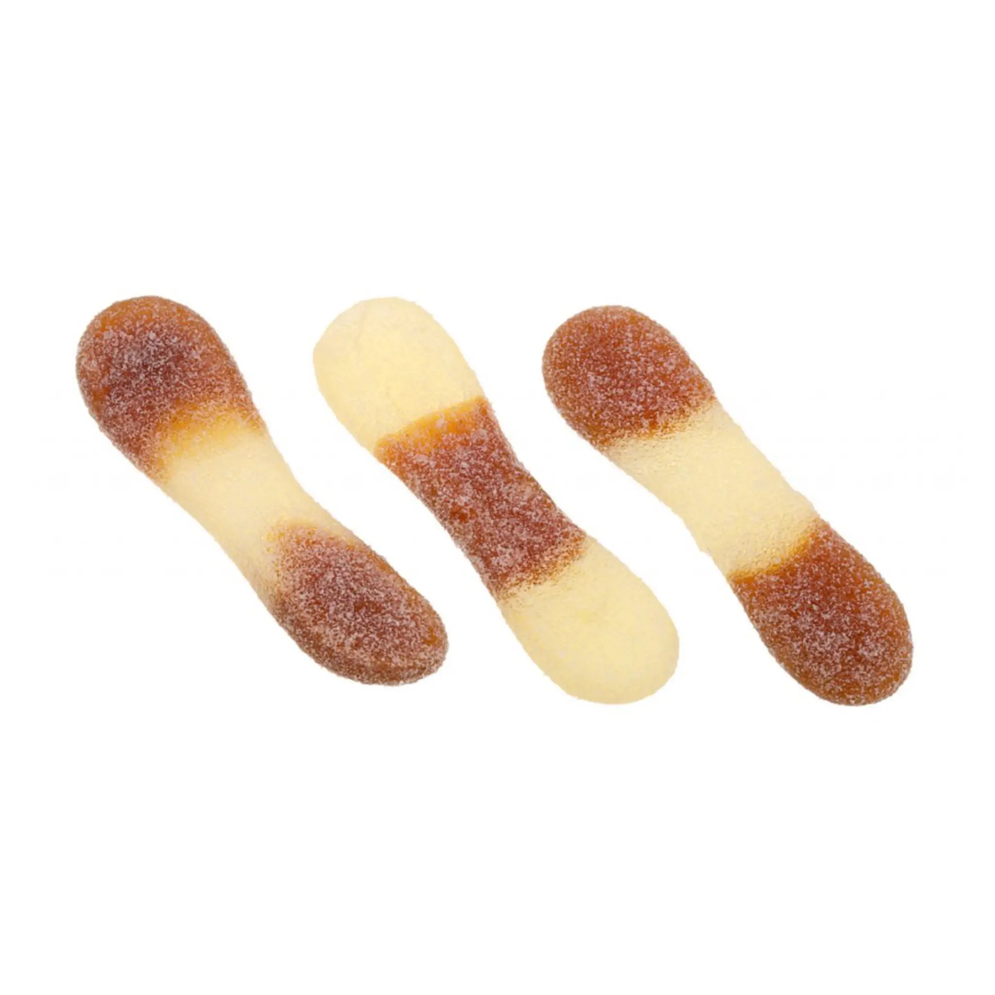 Three pieces of Swedish candy shaped like tongues, coated in sugar, in brown and white.