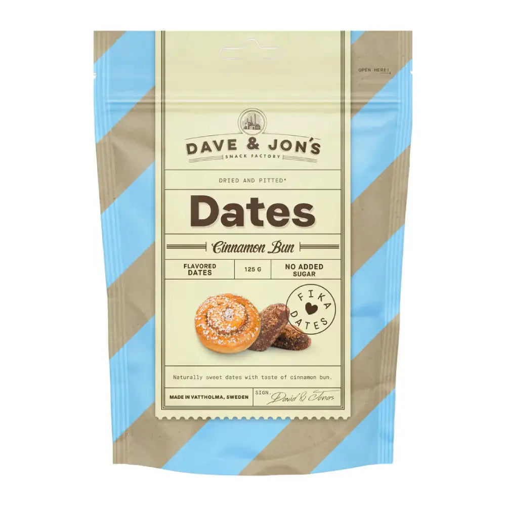 A bag with blue and beige stripes, with the word "dates" in the front, and a picture of a cinnamon bun and two dates.