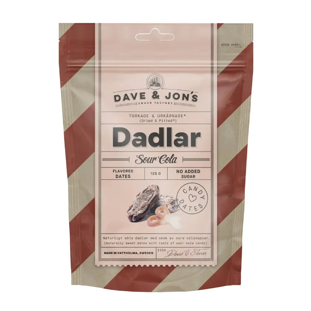 A candy bag white brown and beige stripes saying "Dadlar" in the front.