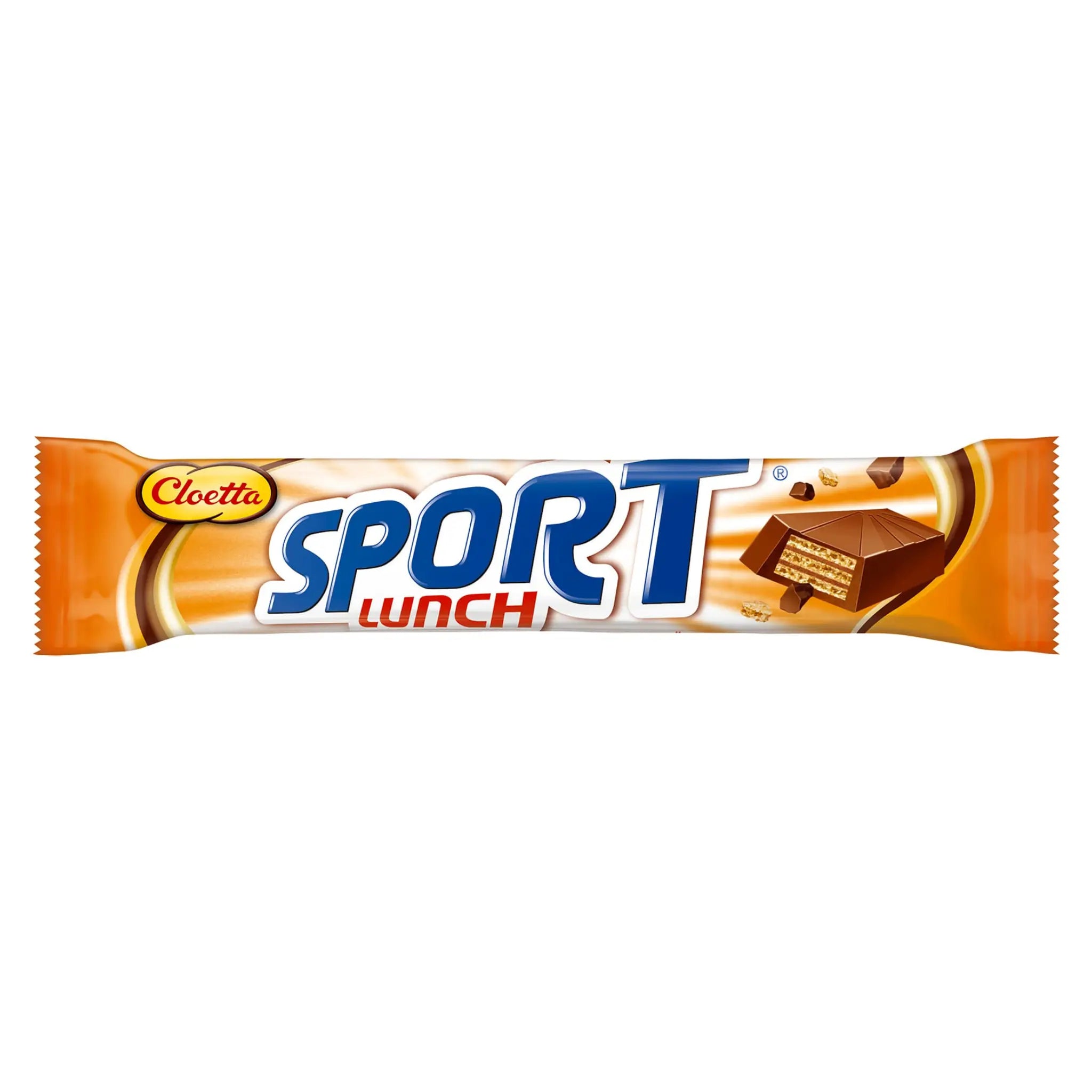 Sportlunch chocolate wrapped in mainly orange with blue, red, yellow, brown and white details.