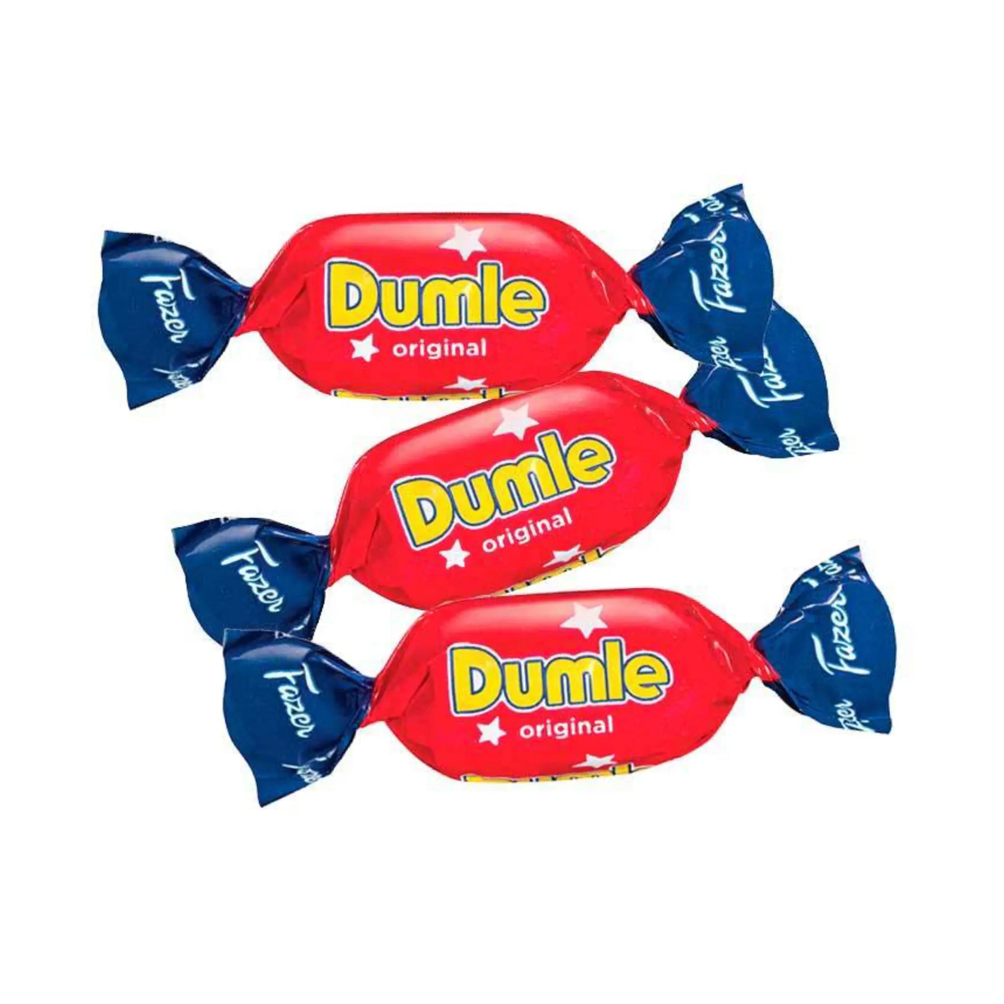 Three pieces of Swedish chocolate Dumle with a red center, blue sides and the text "Dumle" in the middle.