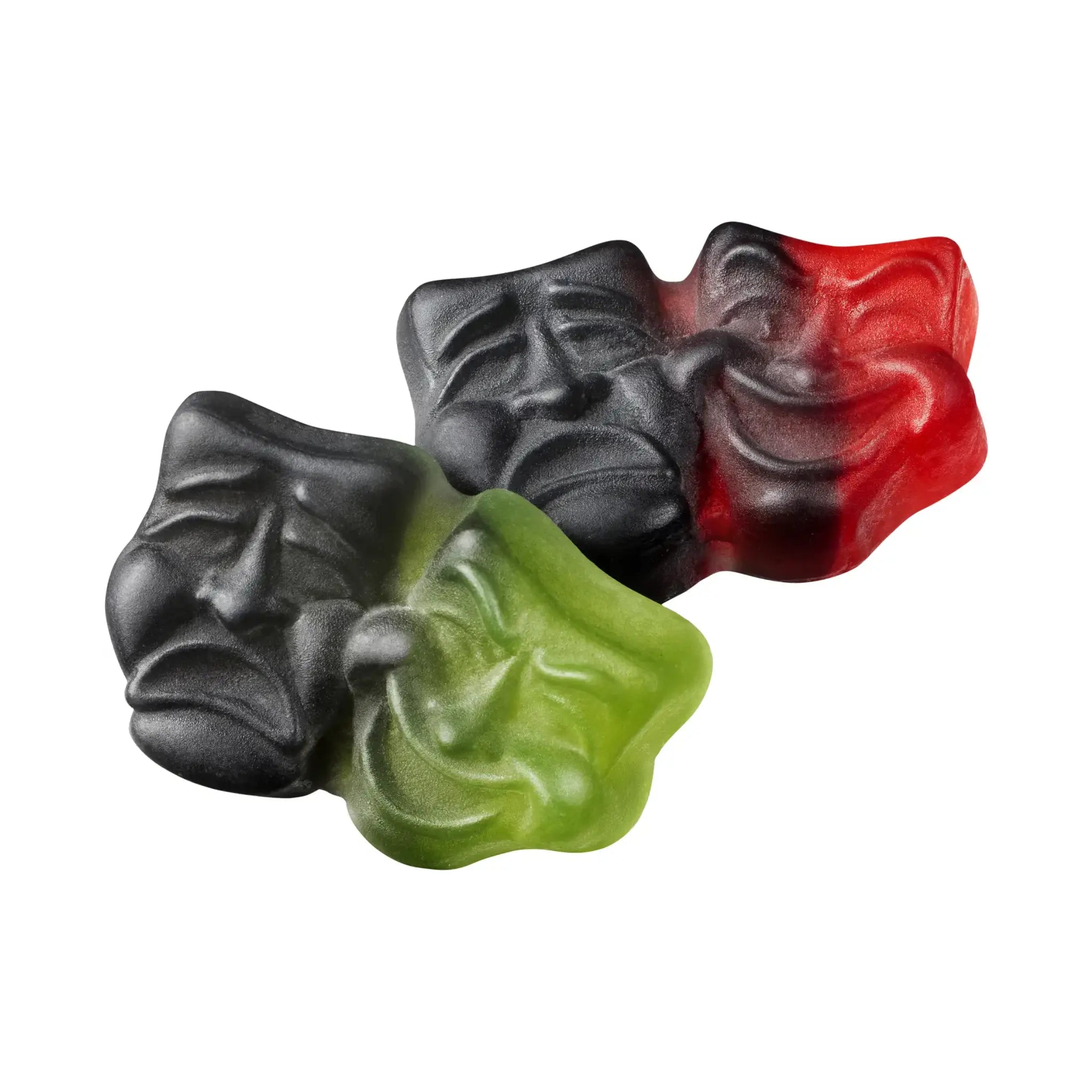 Two pieces of Swedish candy in the shape of happy and sad faces per piece, one in black and green, the other in black and red.