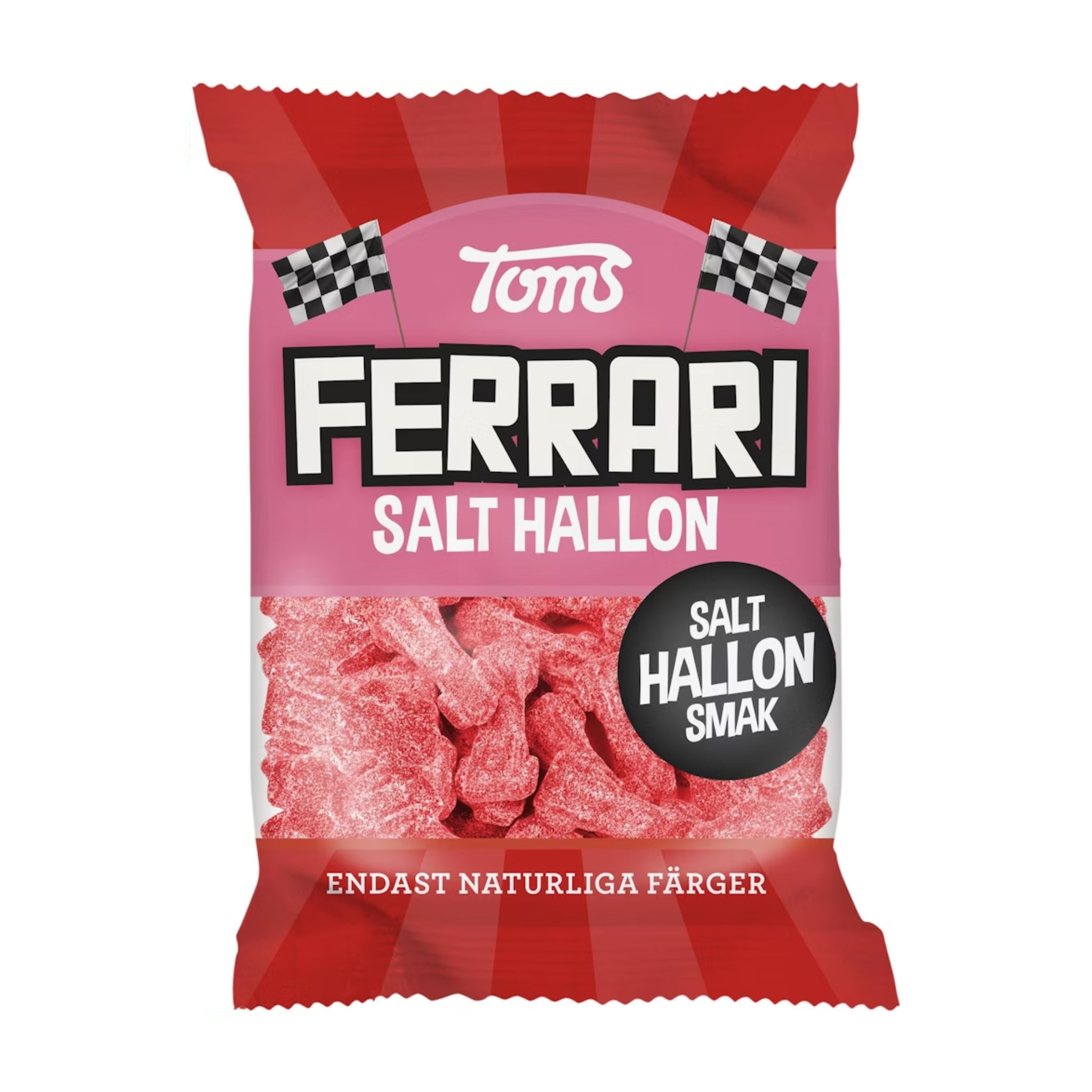 A bag of Swedish candy shaped like Ferrari cars, wrapped in red and pink with white and black details.