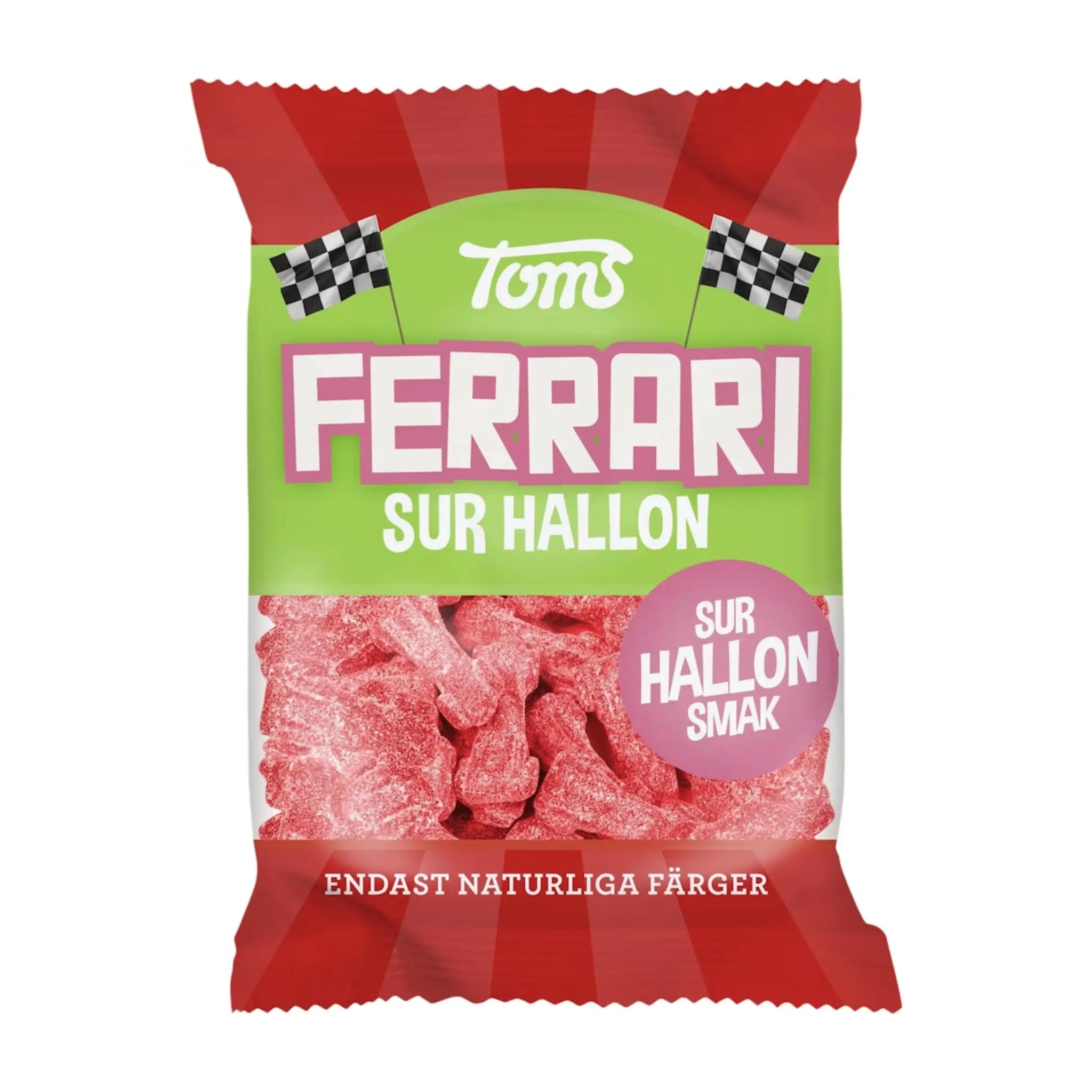 A bag of Swedish candy shaped like Ferraris cars, wrapped in red and green with white and black details.