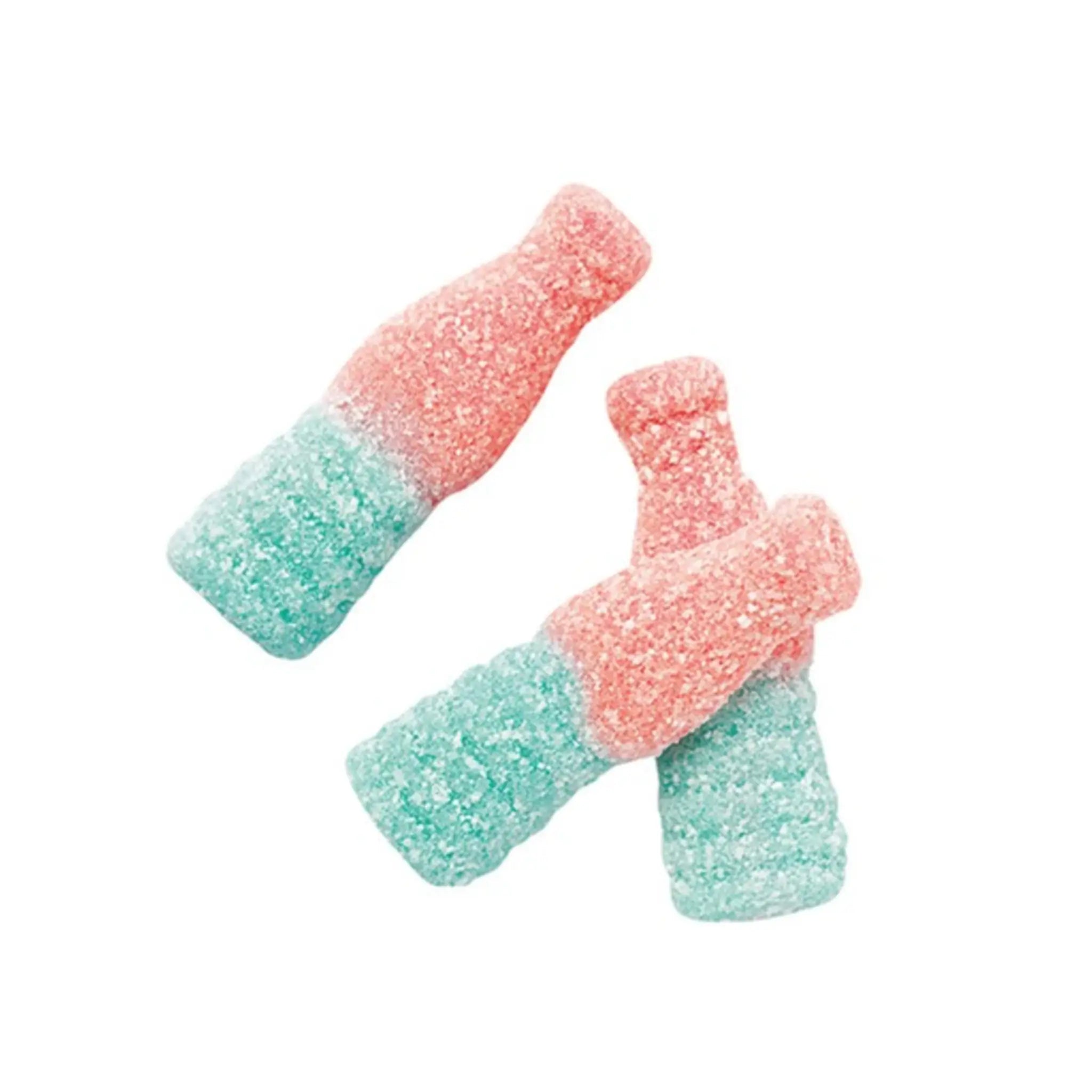 Three pieces of Swedish candy in the shape of bottles in orange and blue, coated in sugar.