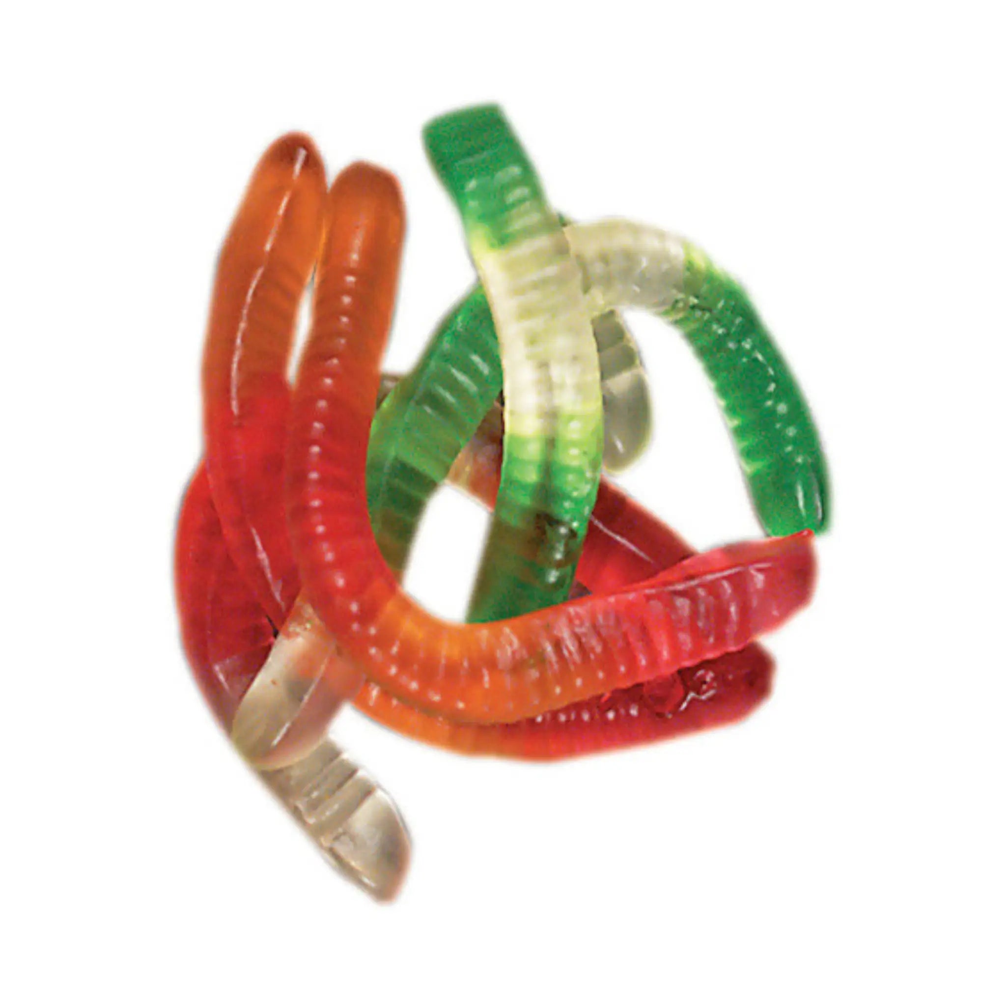 Swedish candy in the shape of worms in red and orange, and green and white.