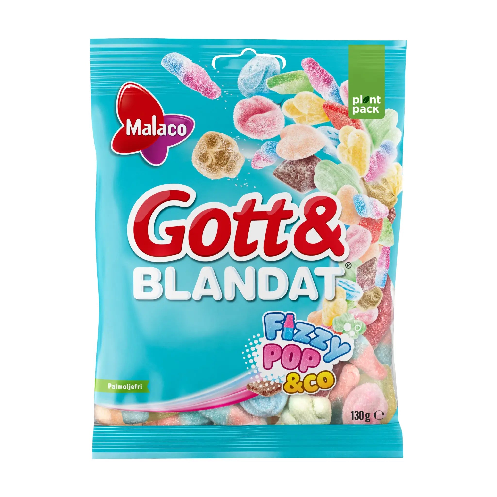 A blue bag of Gott & Blandat candy, wrapped around different pieces of candy in many colors, and with mainly red, white and green details.