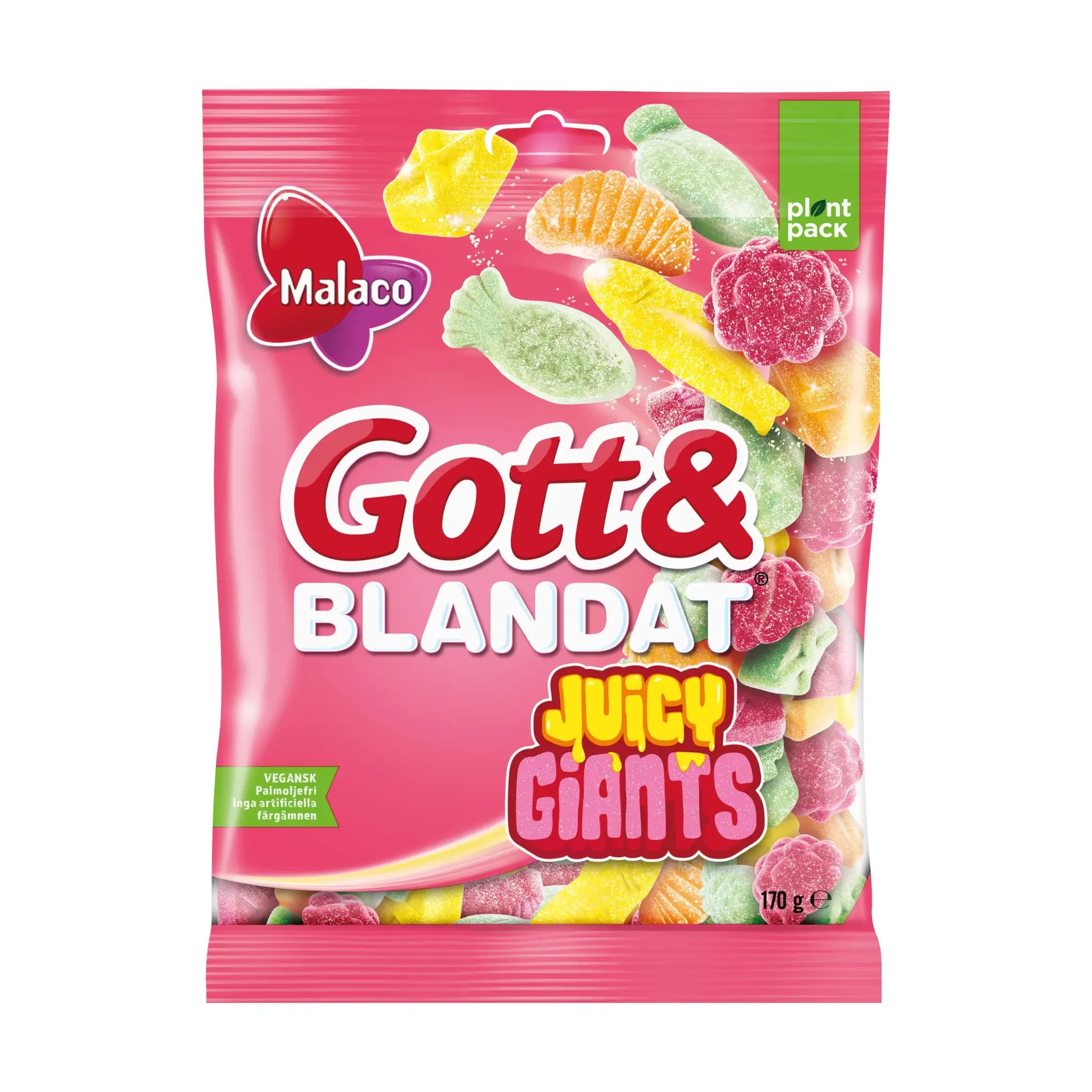 A bag of Swedish candy Gott & Blandat, wrapped in pink and in different colors.