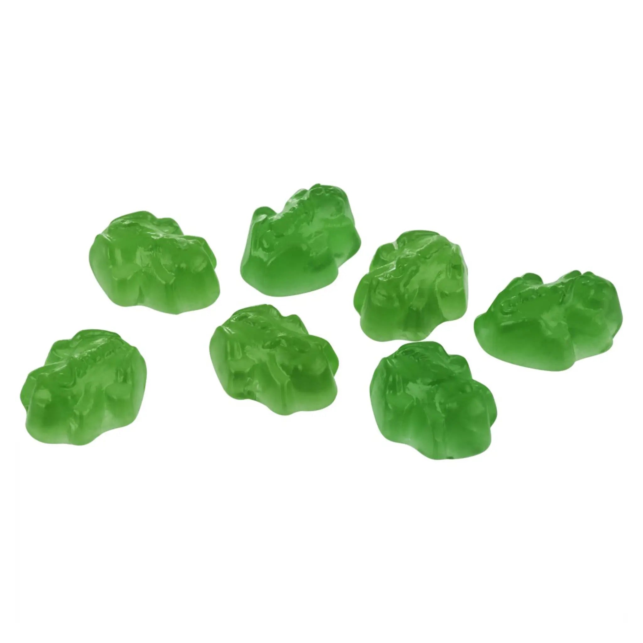 Seven pieces of Swedish candy in the shape of green frogs.