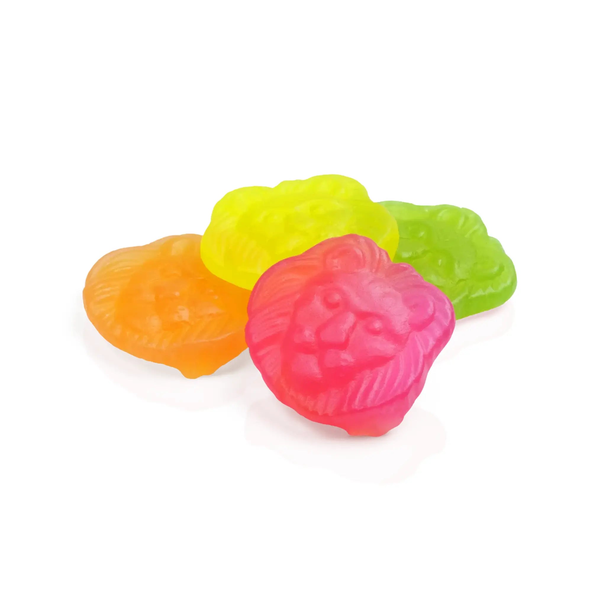 Four pieces of Swedish candy in pink, orange, yellow and green, shaped like lion-heads.