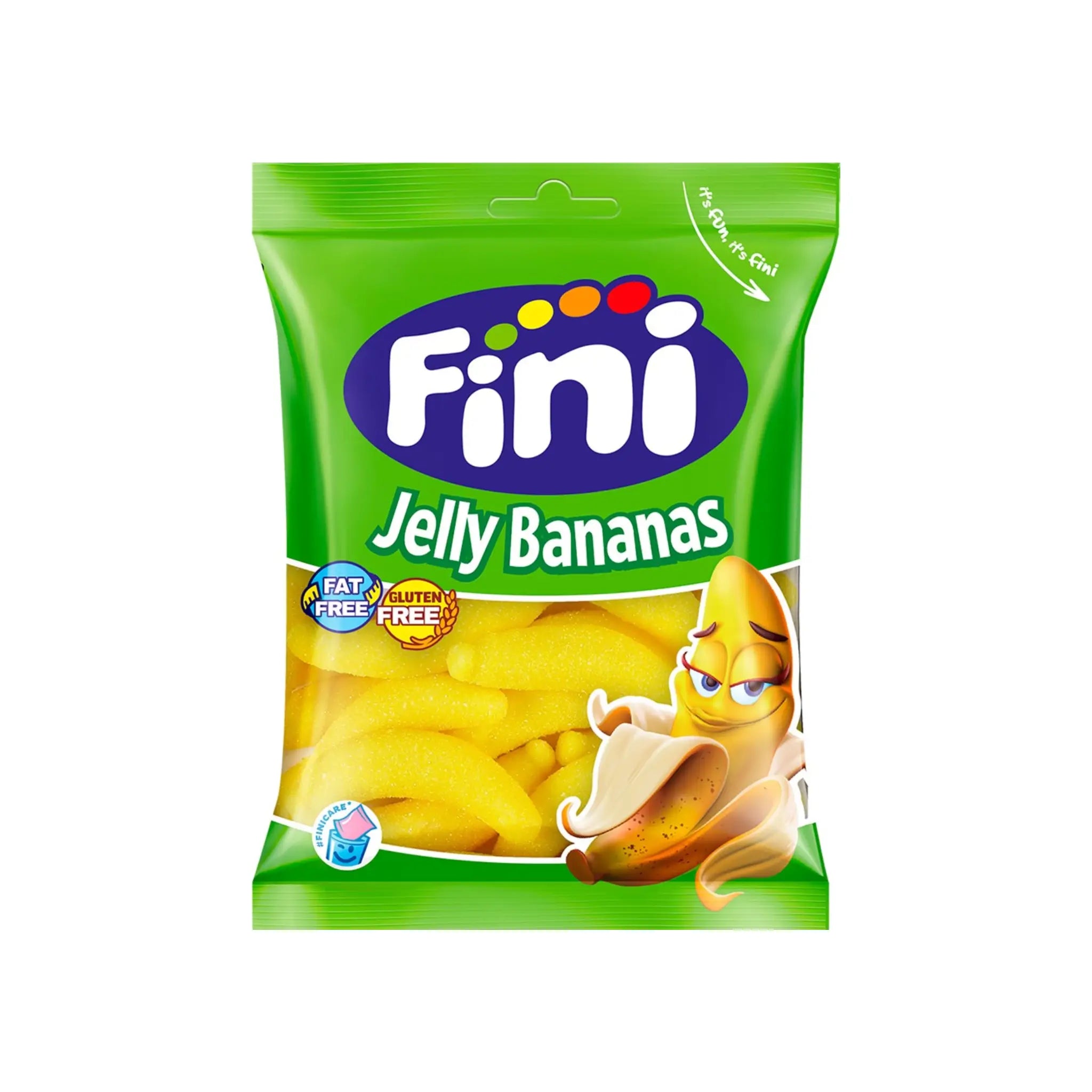 Swedish candy in the shape of bananas, wrapped in a green bag with "Fini Jelly Bananas" written in the front.
