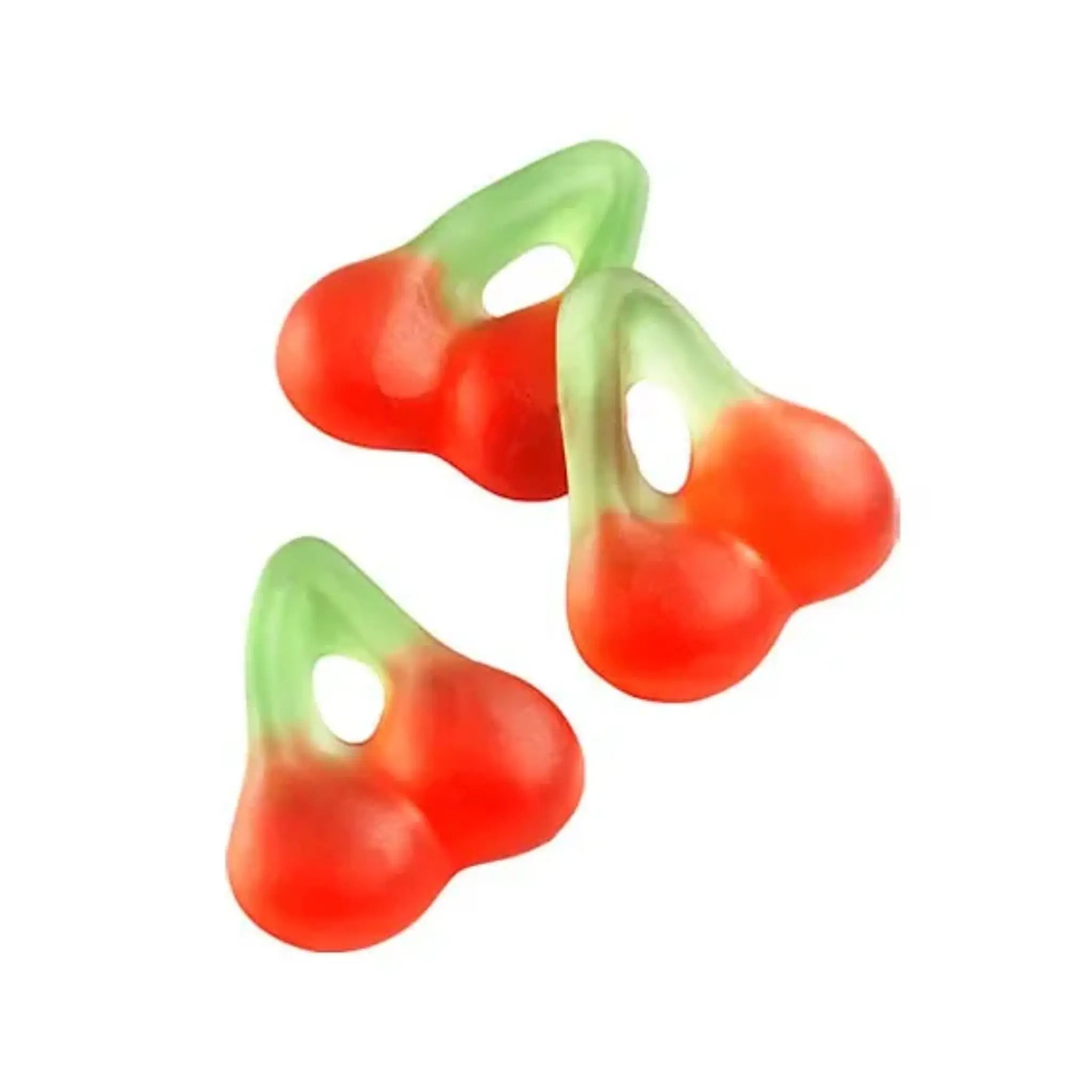 Three pieces of Swedish candy in red and green, in the shape of cherries.