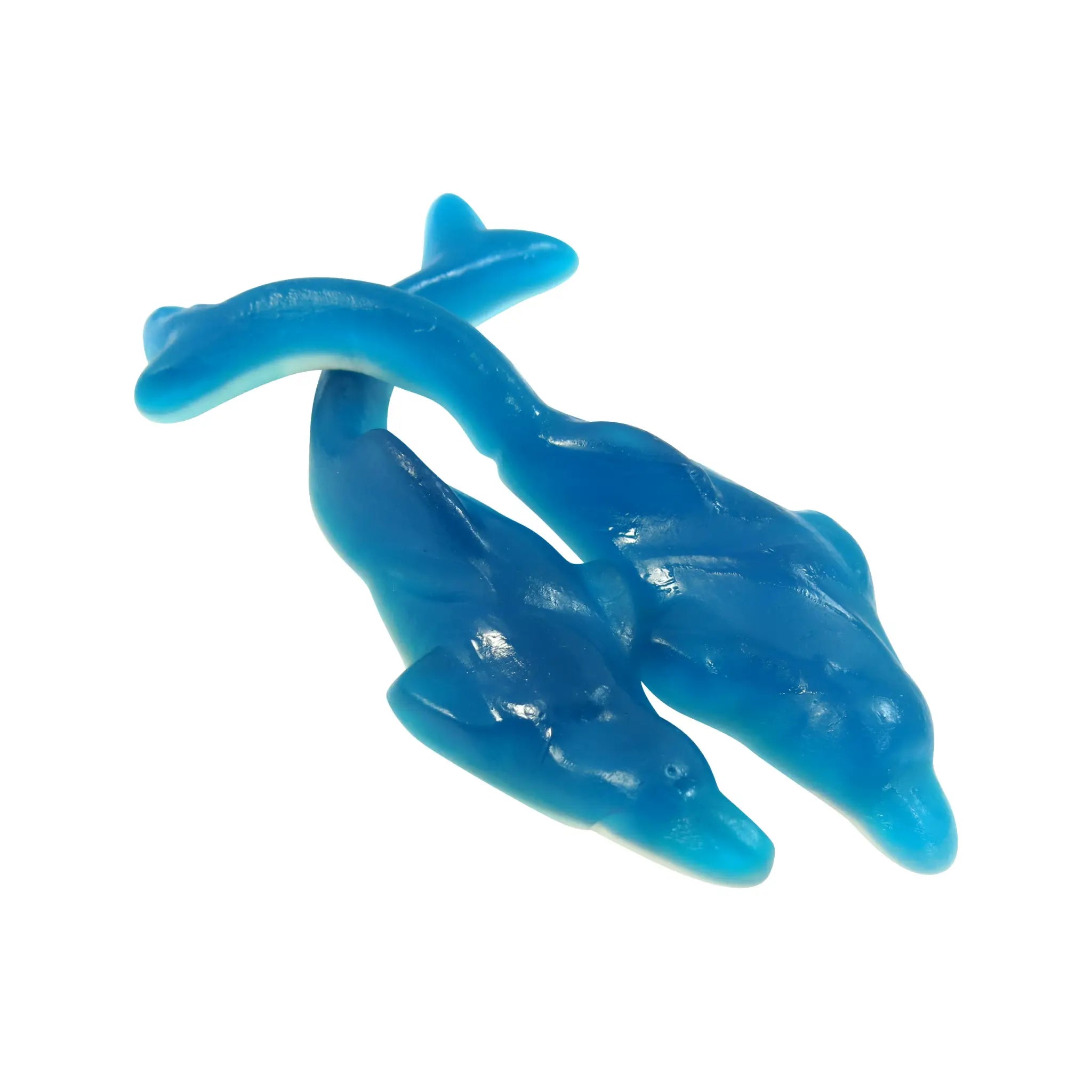 Two pieces of blue candy in the shape of dolphins.
