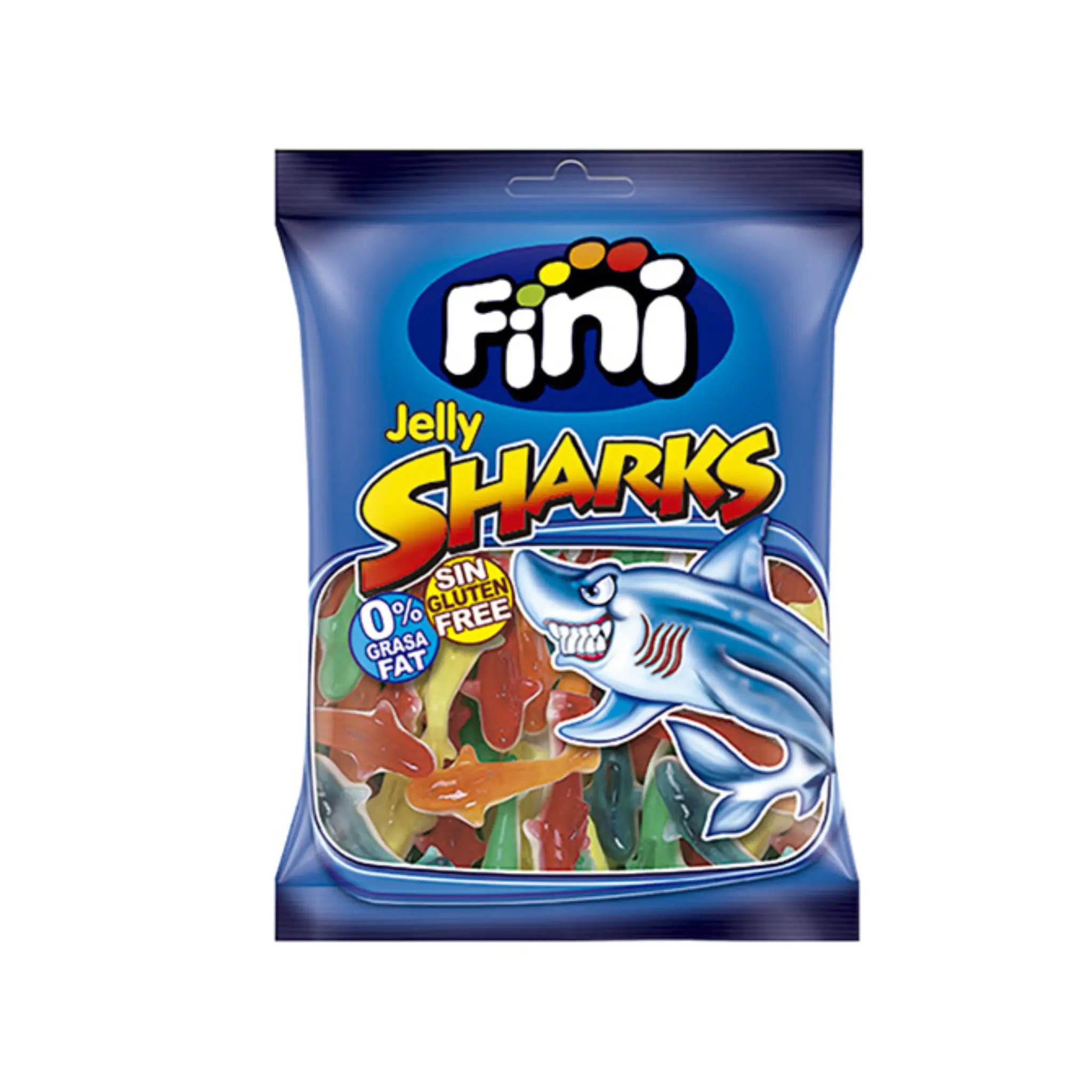 Swedish candy in the shape of sharks, wrapped in a blue bag with "Fini Jelly Sharks" written in the front.
