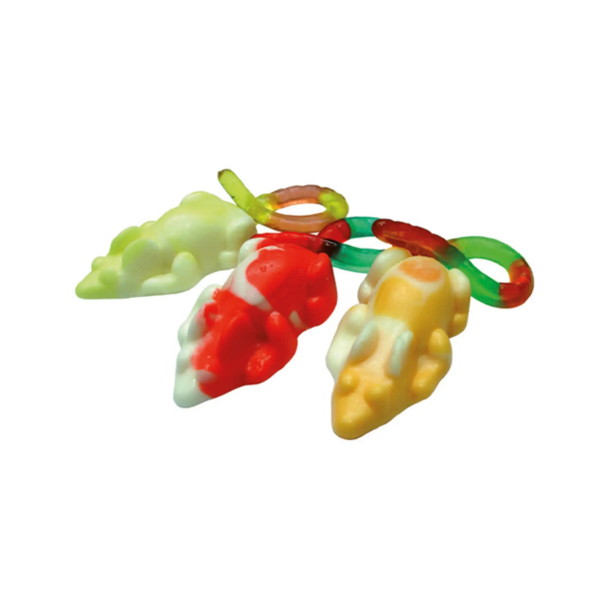 Three pieces of candy shaped like mice in green, red and yellow.