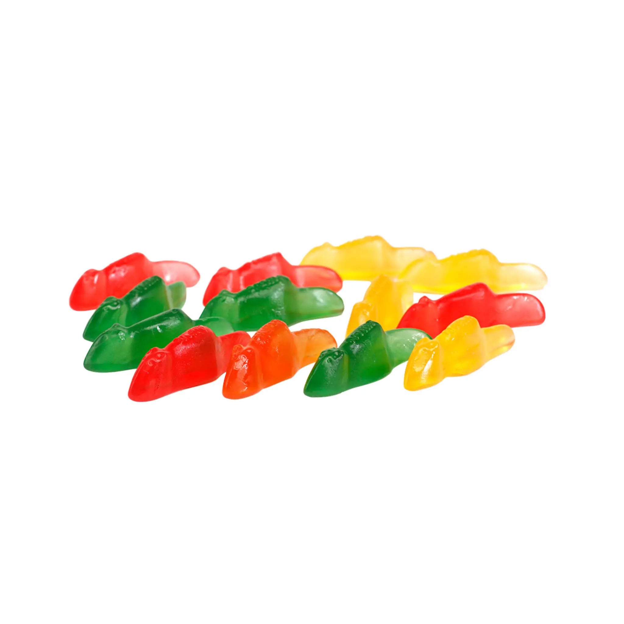 Swedish jelly candy in the shape of rats in green, orange, red and yellow.