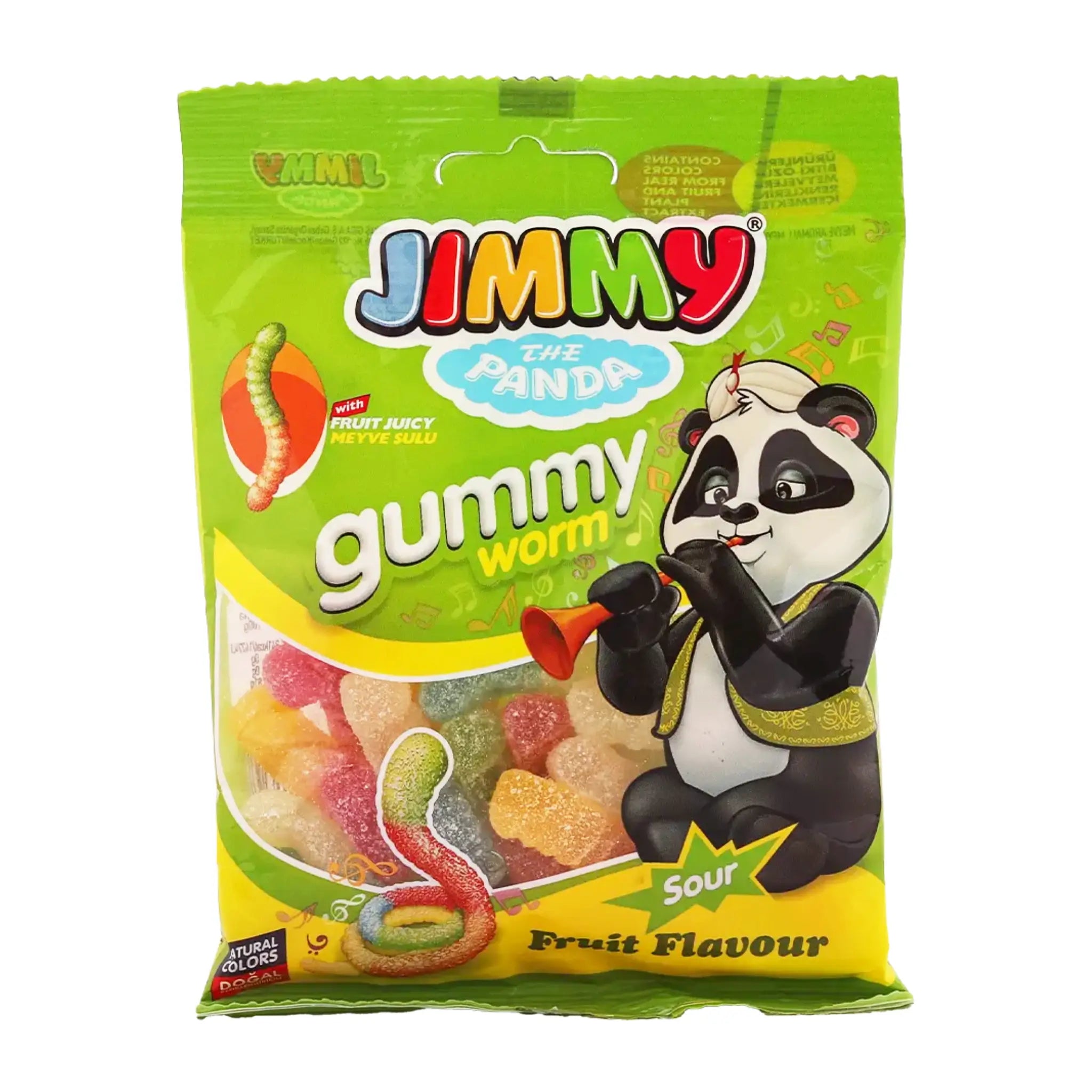 Candy in different colors coated in sugar, wrapped around a mainly green bag with a cartooned panda in the front.