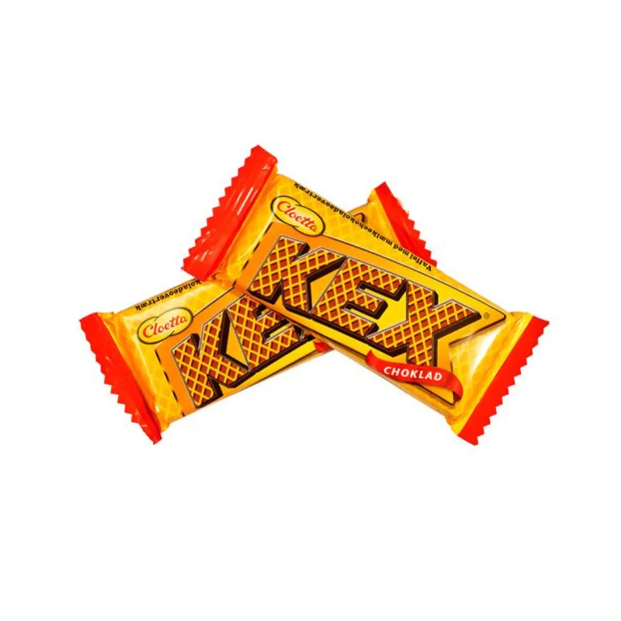 Two pieces of the Swedish Kexchoklad, wrapped in yellow and red.