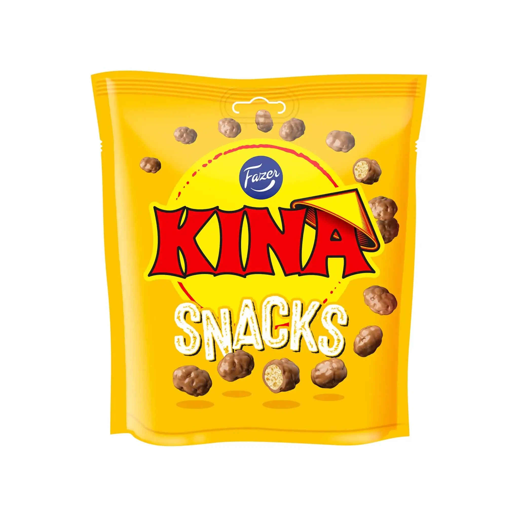 Small chocolate puffs in a yellow bag with "Kina" written in red on the front.