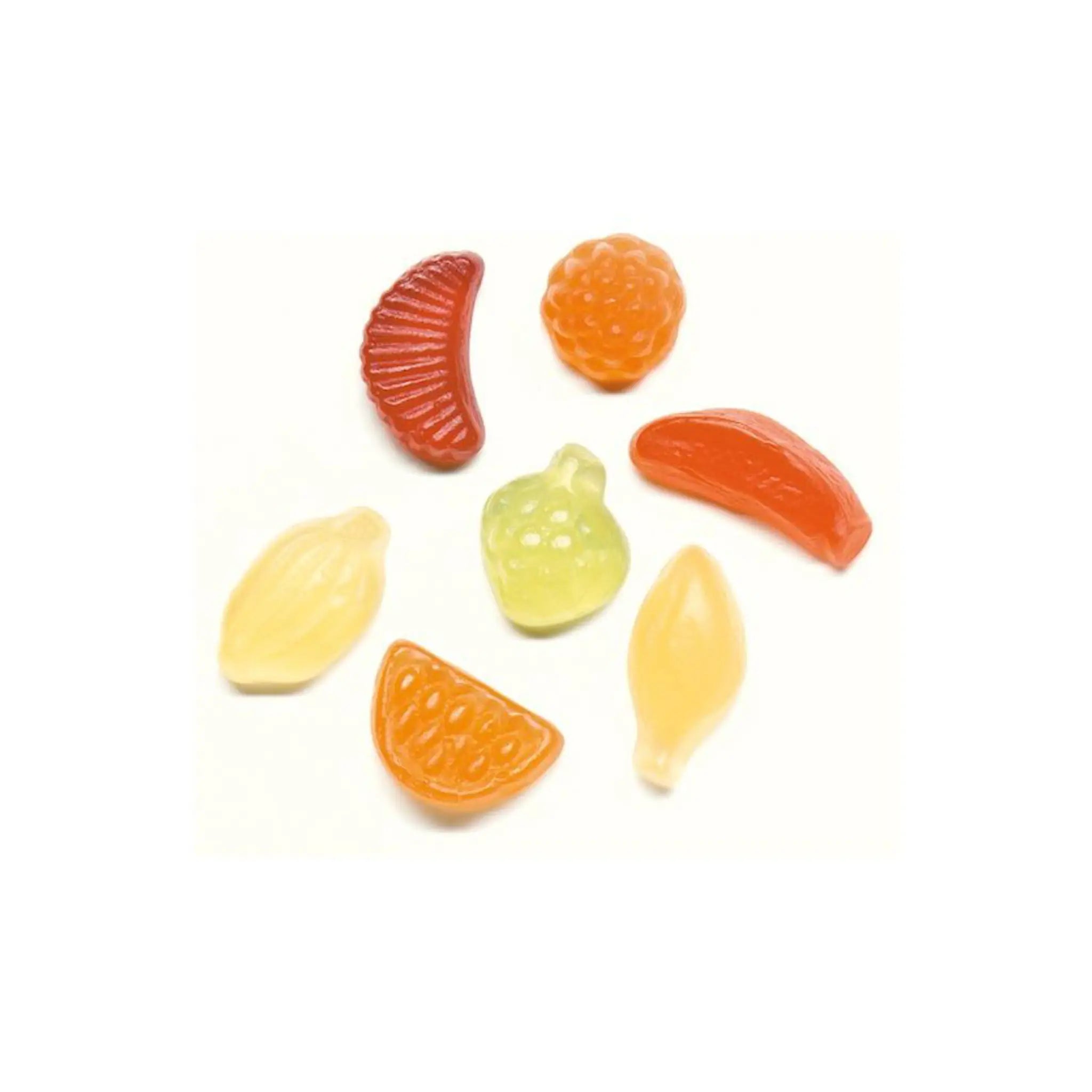 Seven pieces of candy in the shape of different fruits and in different colors.