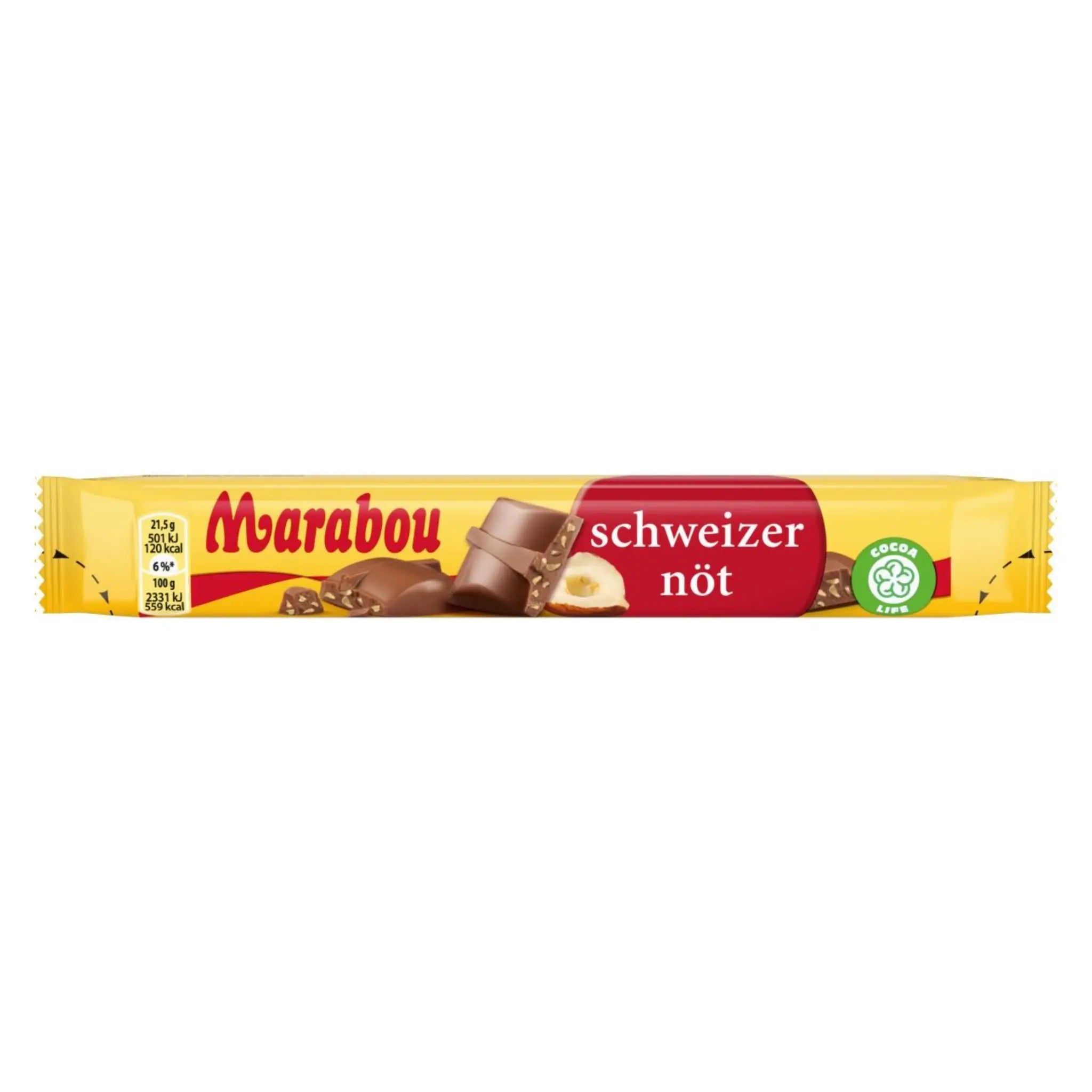 Marabou Milk Chocolate Swiss nuts, wrapped in mainly yellow, with red and brown details.