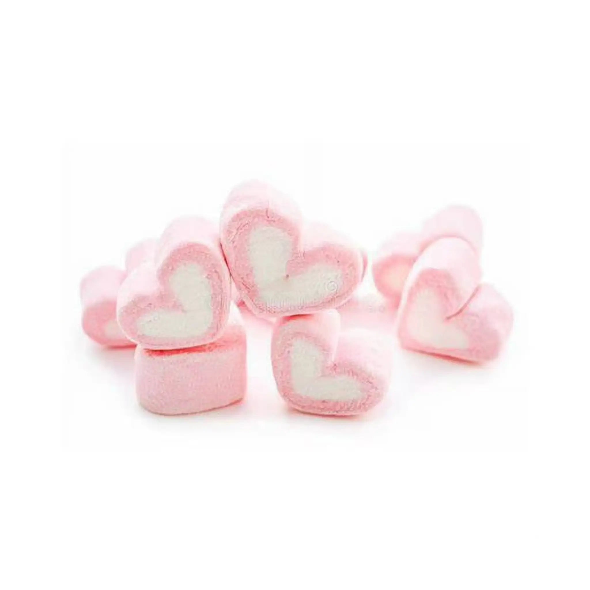 Multiple pieces of Swedish candy in the shape of hearts in pink and white.