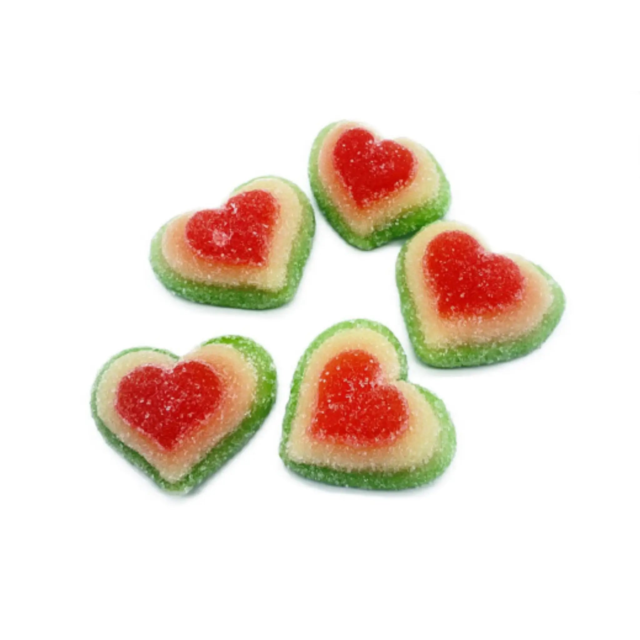 Five pieces of candy in the shape of hearts in green, white and red, coated in sugar.