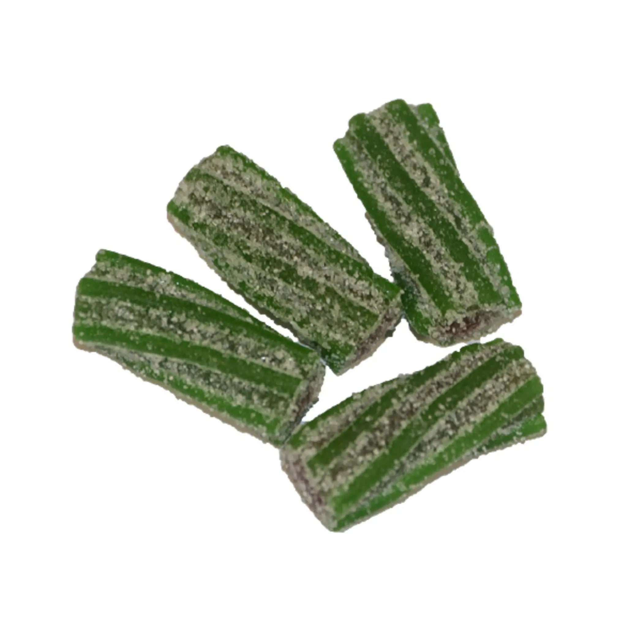 Four pieces of Swedish candy, twisted, green and coated in sugar.