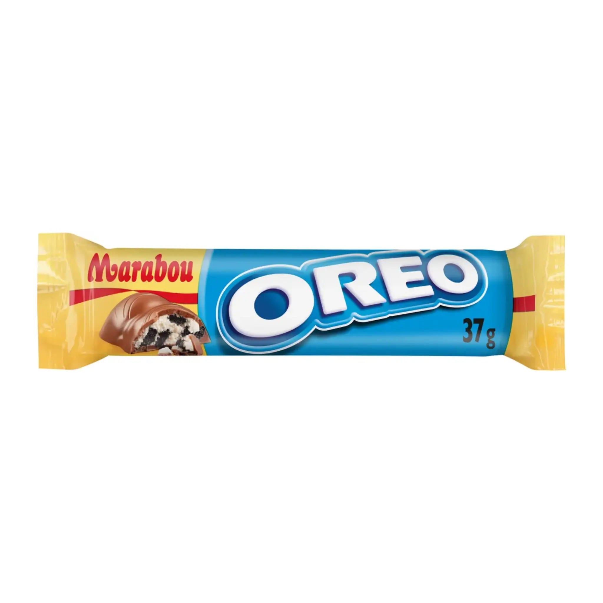 Chocolate from Marabou with Oreo taste, wrapped in mainly yellow and blue, with red and brown details.