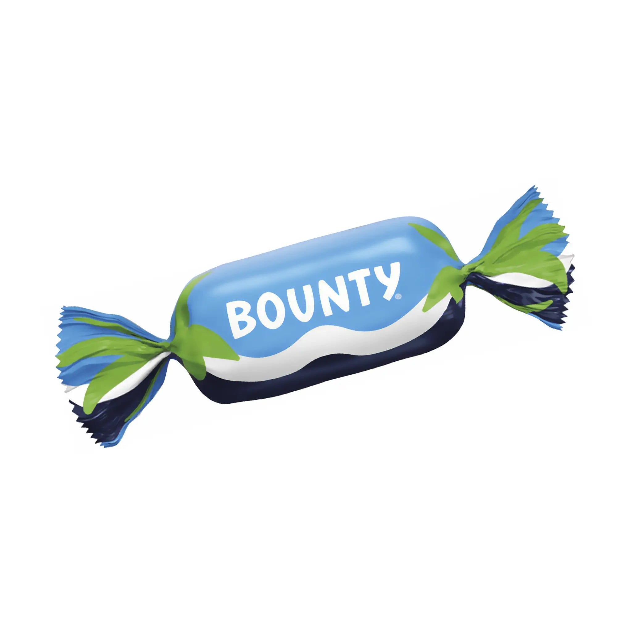 A piece of the chocolate Bounty wrapped in blue, green, white and black with the word "Bounty" in the front.