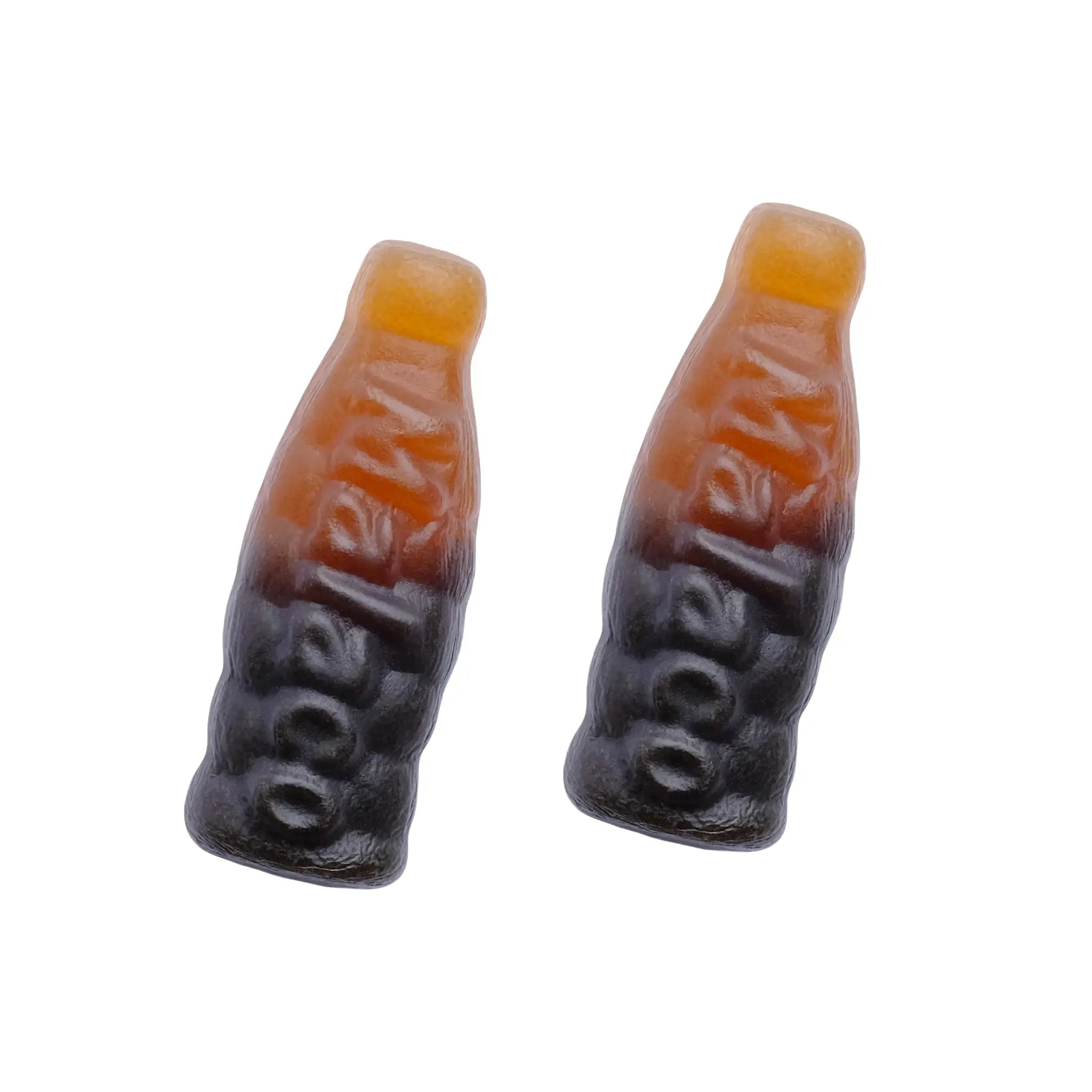 Two pieces of Swedish candy in the shape of bottles, top half in brown, bottom half in black.