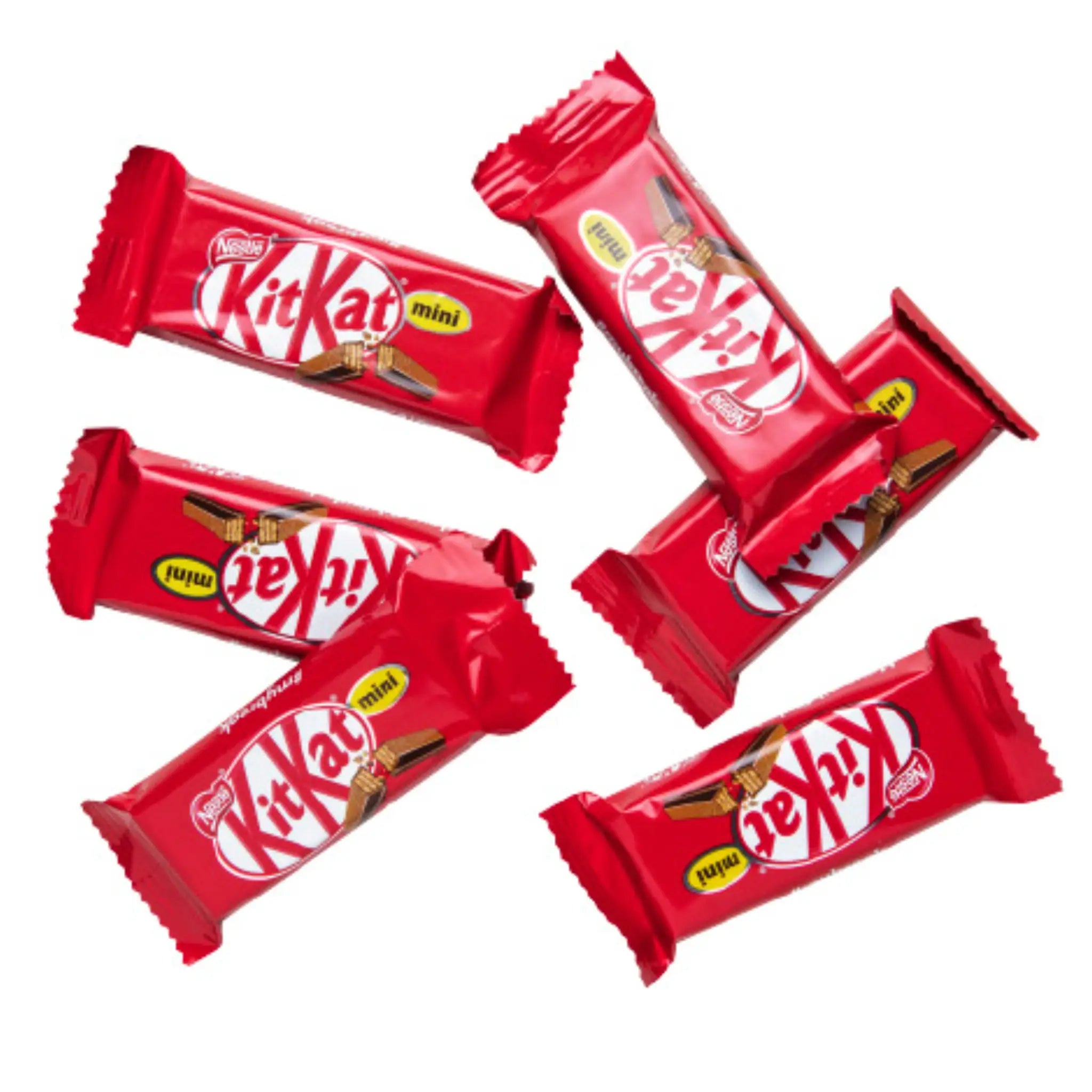 Six pieces of the chocolate KitKat with red wrap.