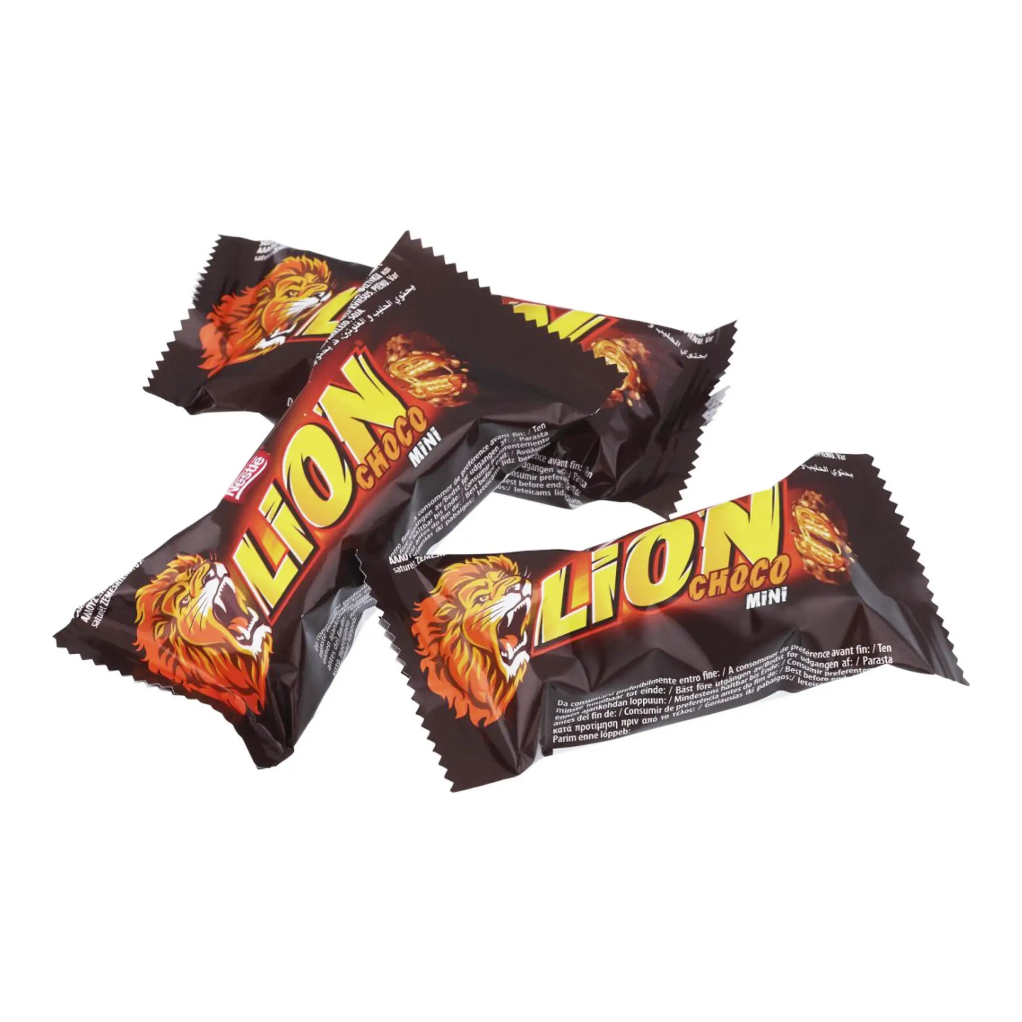 Three pieces of the chocolate Lion Choco, wrapped in mainly brown, orange and yellow.
