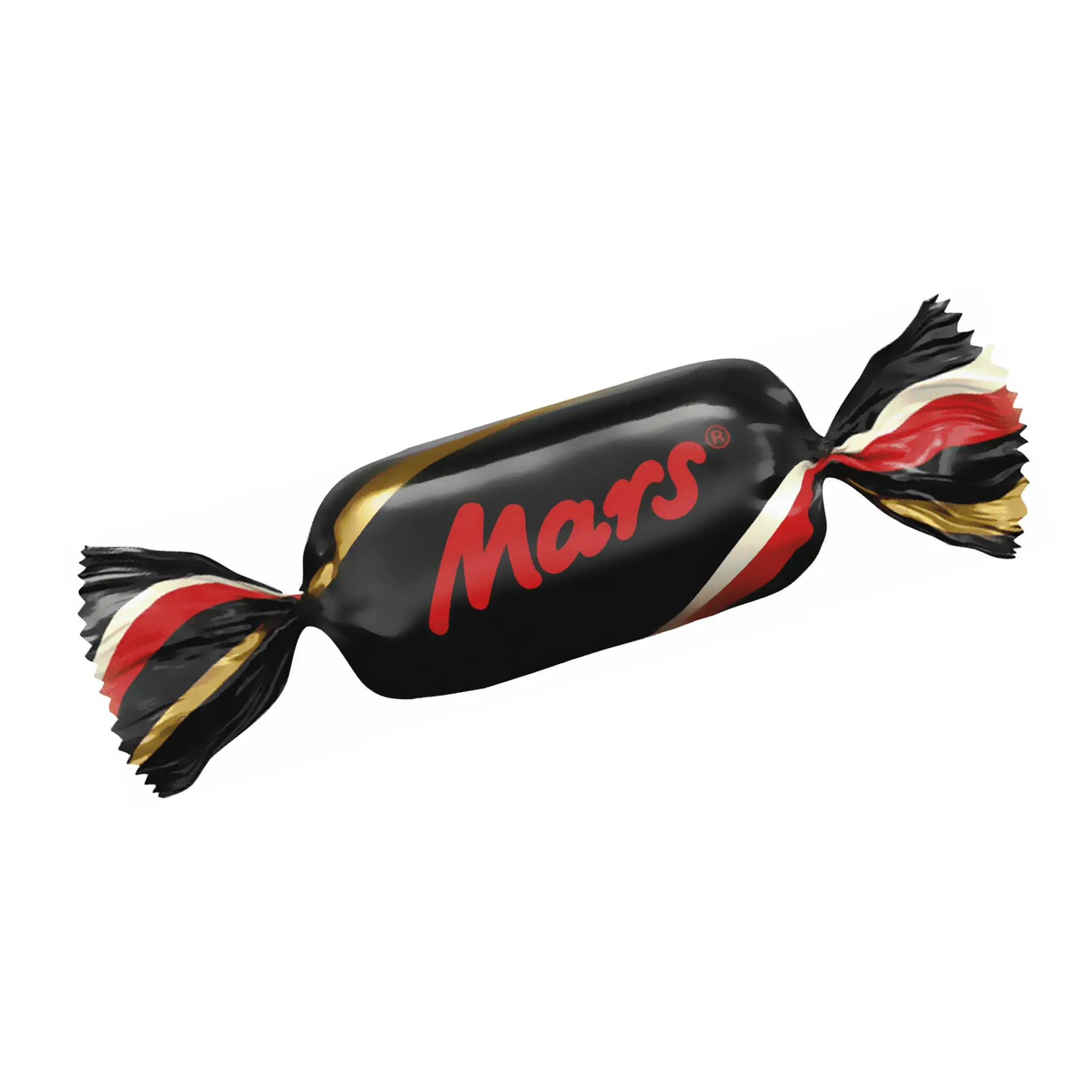 A piece of Mars, wrapped in black with red, gold and white details.