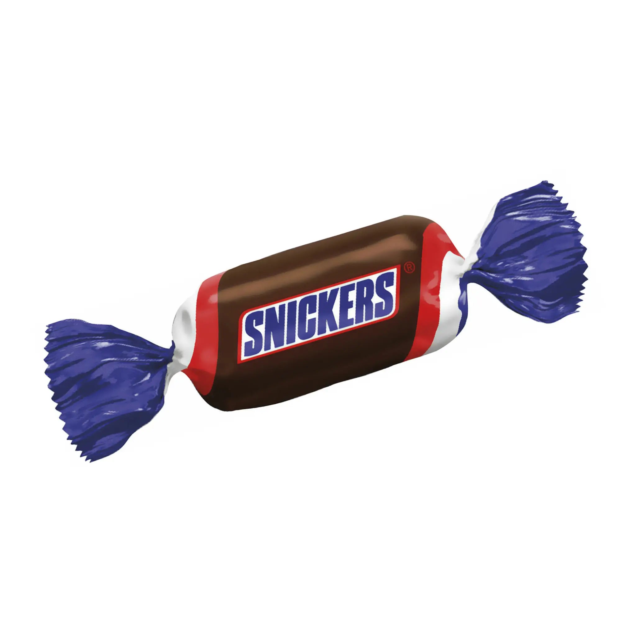 A piece of Snickers, wrapped in brown, red, white and blue.